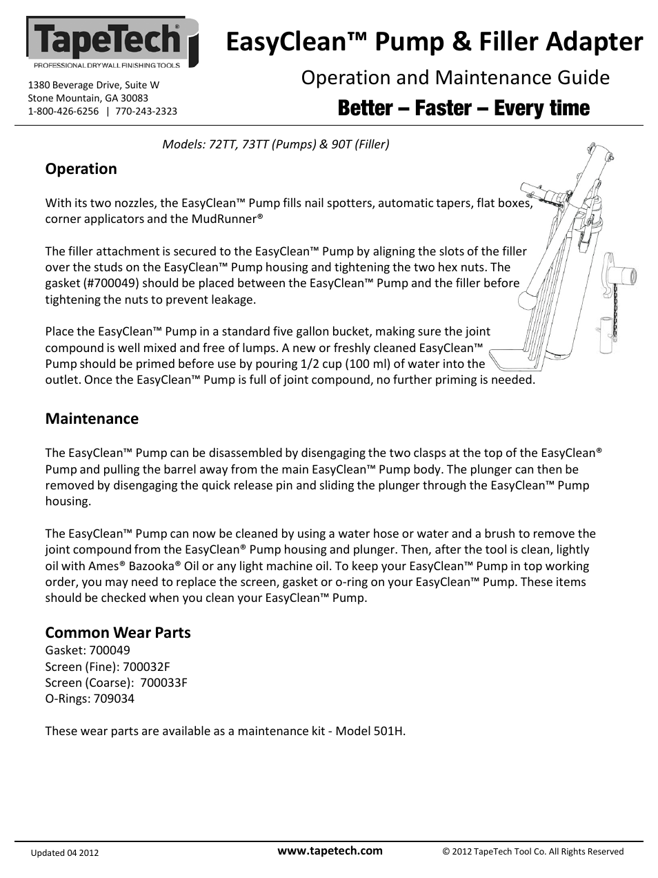 Slide number 2, Easyclean™ pump & filler adapter, Operation and maintenance guide | Better – faster – every time, Operation, Maintenance, Common wear parts | TapeTech 73TT EasyClean User Manual | Page 2 / 2