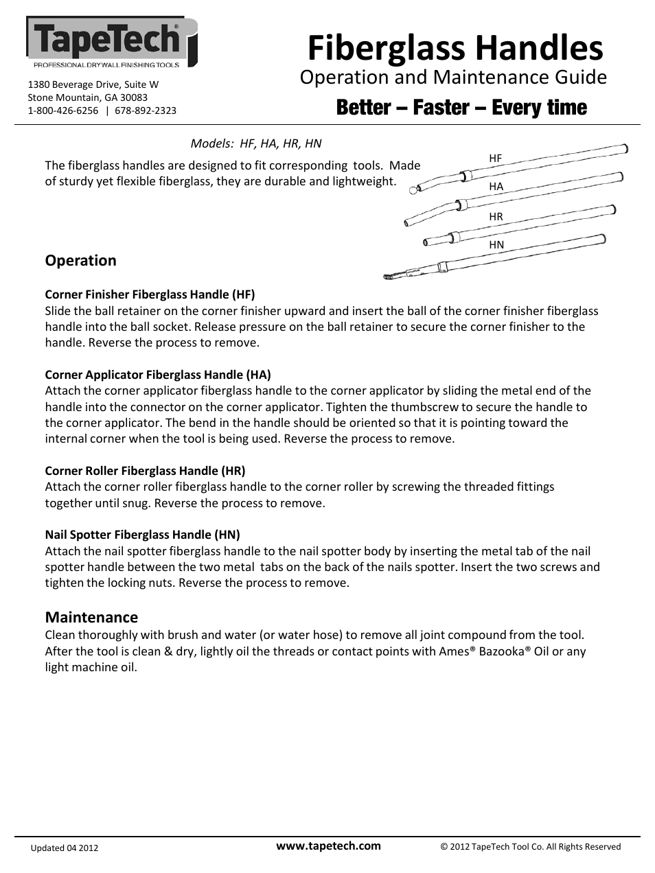 TapeTech HN Fiberglass Handle User Manual | 1 page
