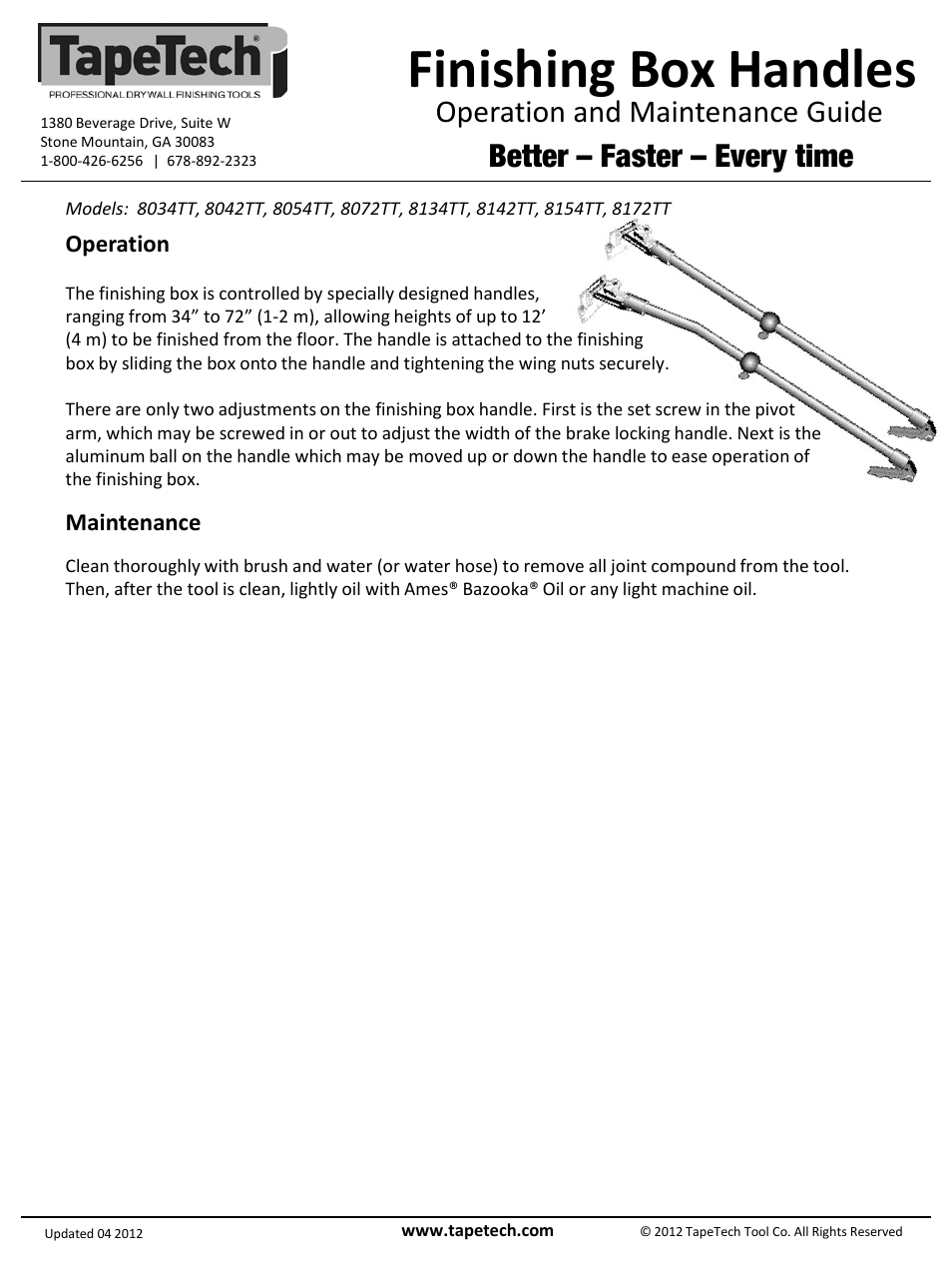 Slide number 2, Finishing box handles, Operation and maintenance guide | Better – faster – every time, Operation, Maintenance | TapeTech 8142TT Finishing Box Handle User Manual | Page 2 / 2