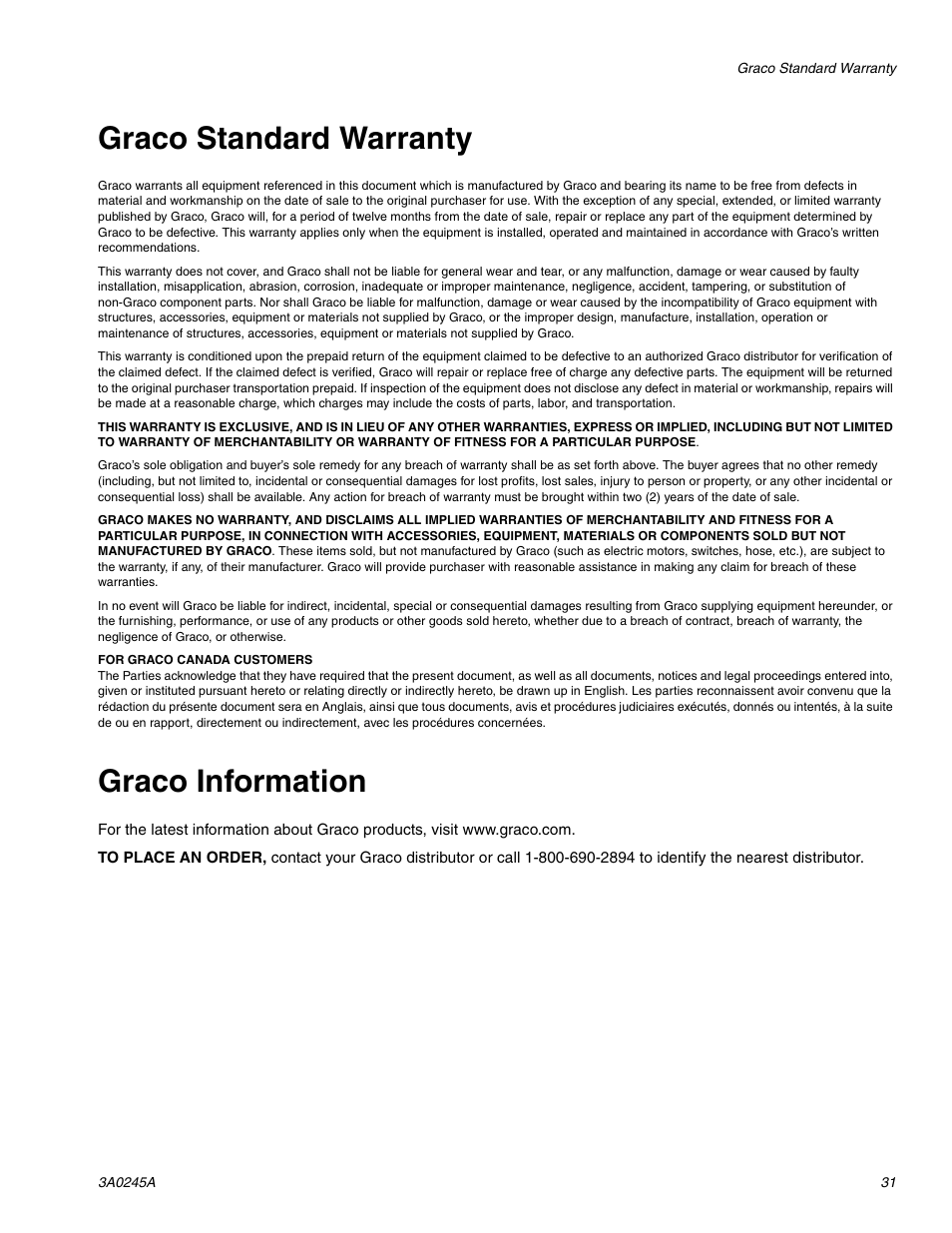 Graco standard warranty, Graco information | TapeTech CFFULL Cont. Flow Full Bundle User Manual | Page 31 / 32