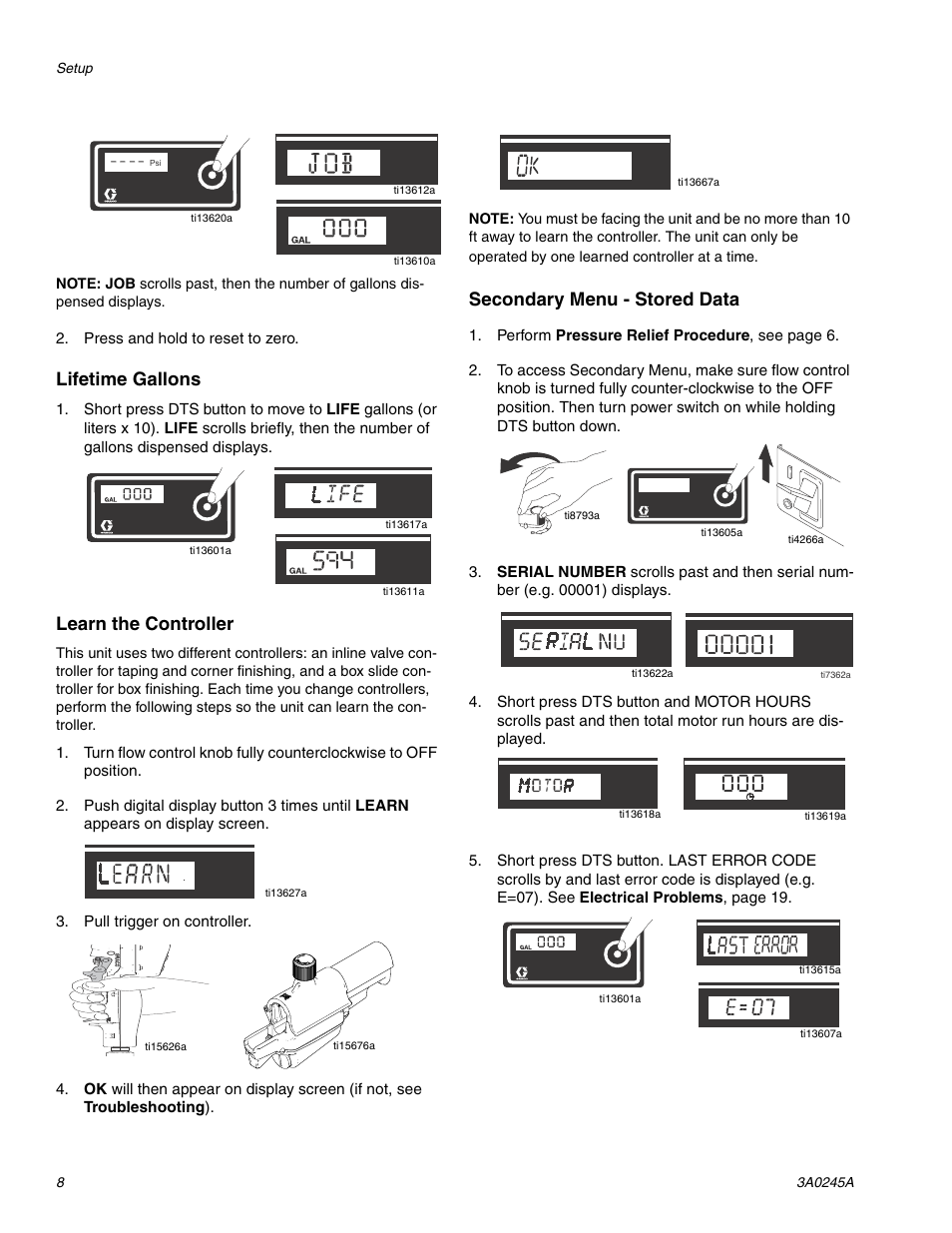 Lifetime gallons, Learn the controller, Secondary menu - stored data | TapeTech CFFULL Cont. Flow Full Bundle User Manual | Page 8 / 32