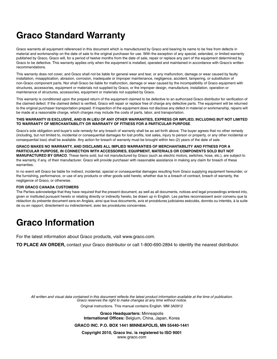 Graco standard warranty, Graco information | TapeTech CTPMP Bazooka Continuous Flow Pump Repair User Manual | Page 12 / 12