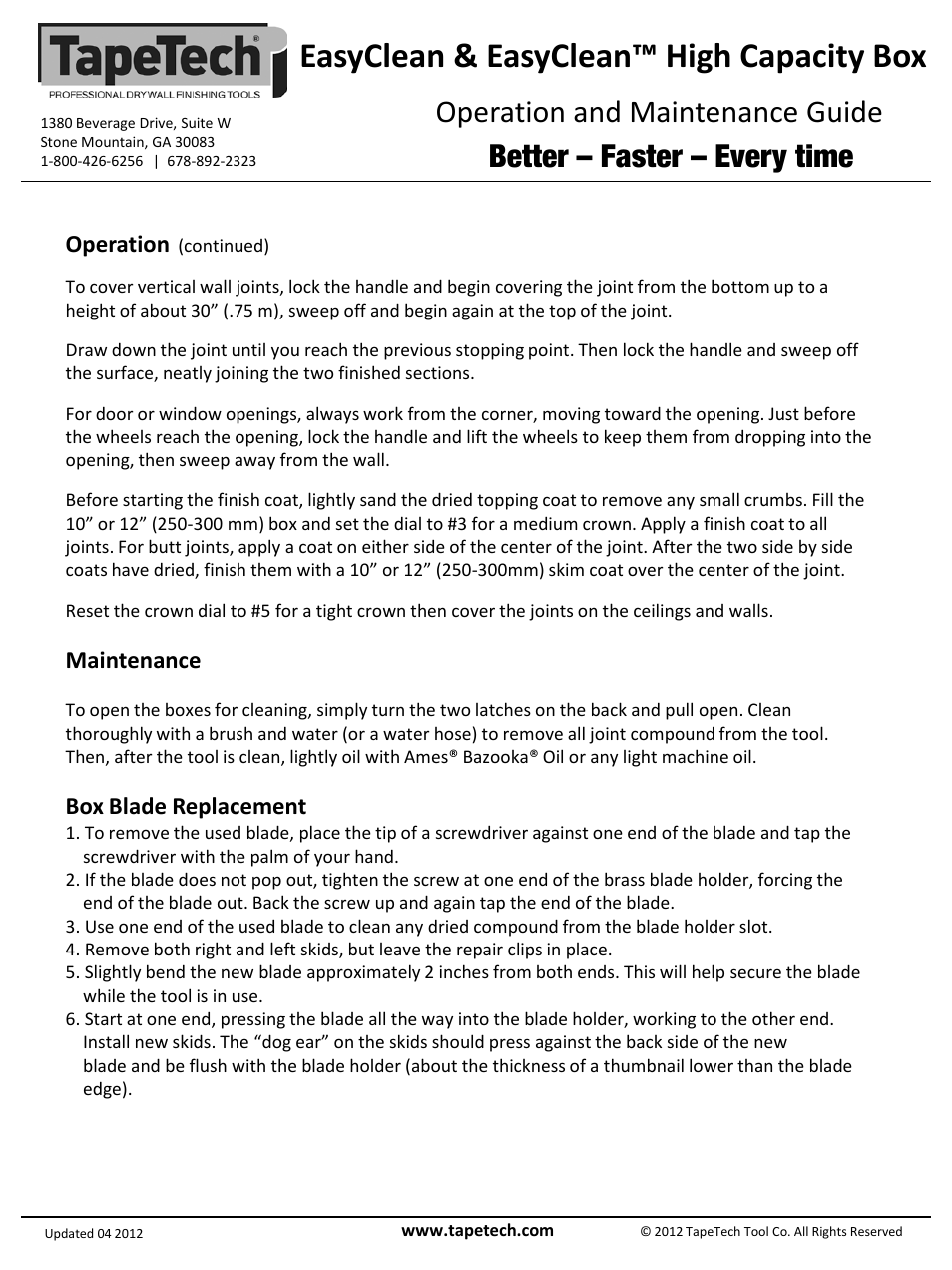 Slide number 4, Easyclean & easyclean™ high capacity box, Operation and maintenance guide | Better – faster – every time, Operation, Maintenance, Box blade replacement | TapeTech 27TT EasyClean User Manual | Page 4 / 4