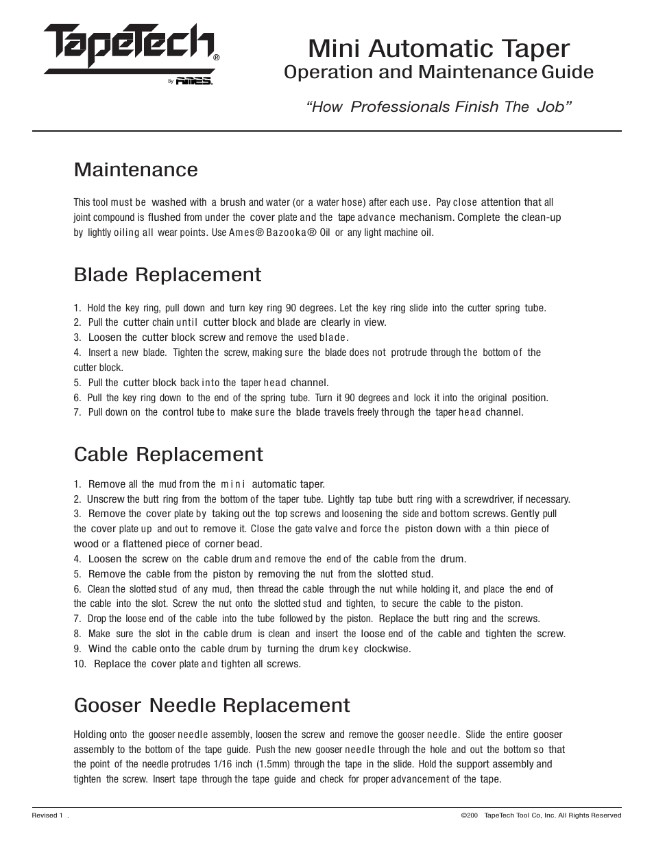 Mini automatic taper, Maintenance, Blade replacement | Cable replacement, Gooser needle replacement, Operation and maintenance guide, How professionals finish the job | TapeTech 03TT Mini Automatic Taper User Manual | Page 2 / 2