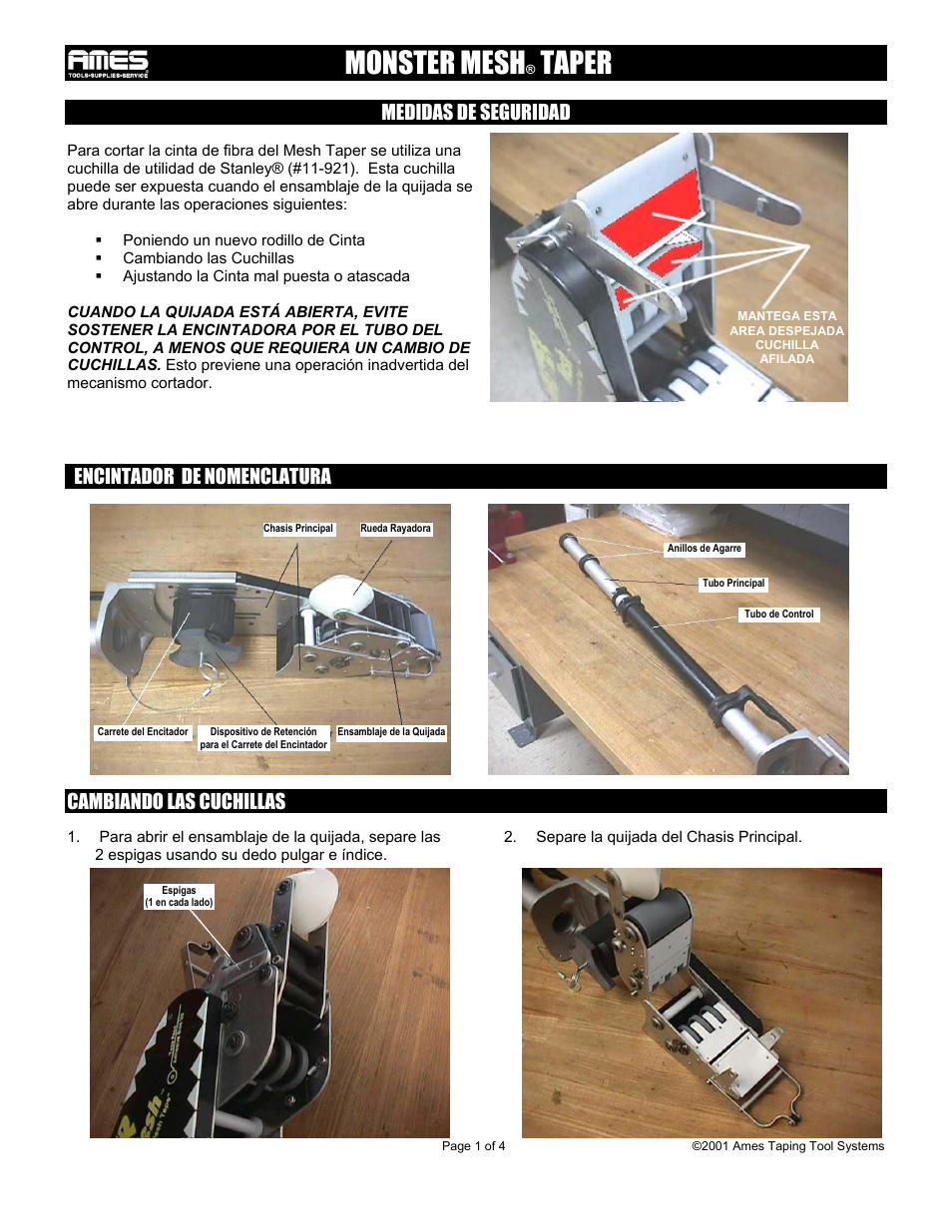 Monster mesh, Taper, Medidas de seguridad | Encintador de nomenclatura, Cambiando las cuchillas | TapeTech 12TT Monster Mesh Taper User Manual | Page 5 / 8