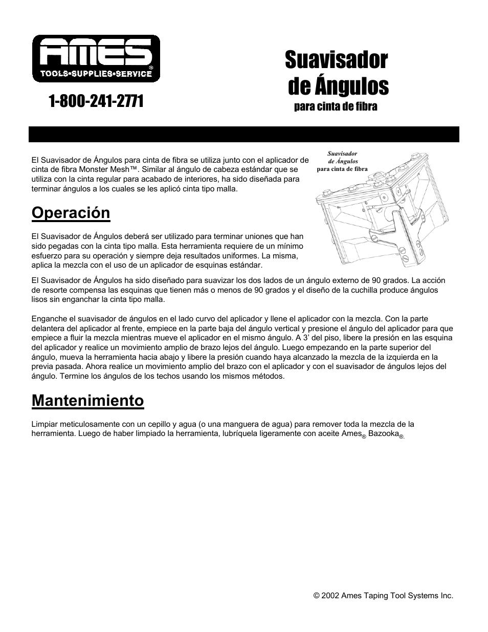 Suavisador de ángulos, Mantenimiento, Operación | TapeTech 13TT Corner Smoother User Manual | Page 2 / 2