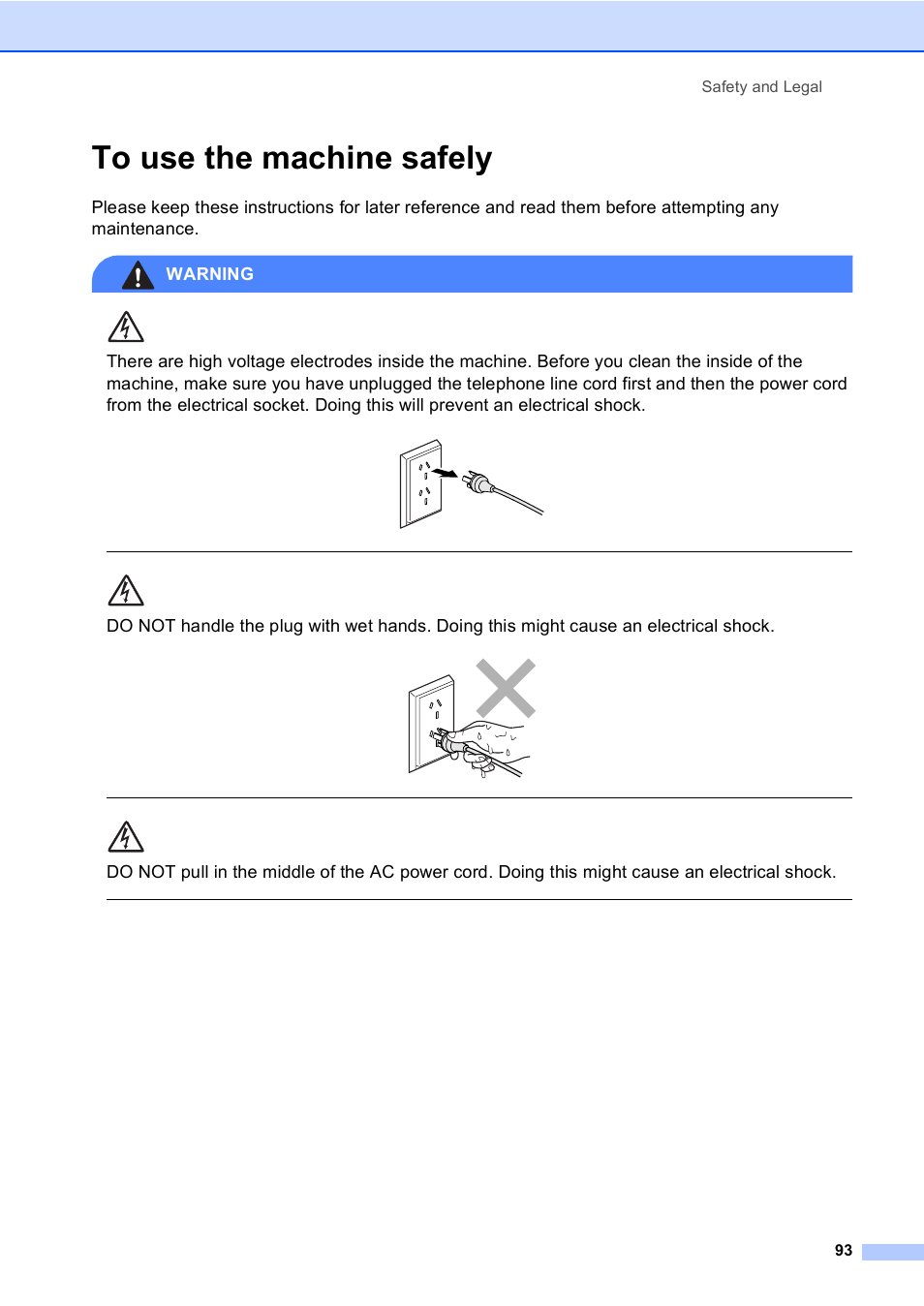 To use the machine safely, Safety and legal 93 | Brother MFC-5860CN User Manual | Page 103 / 168