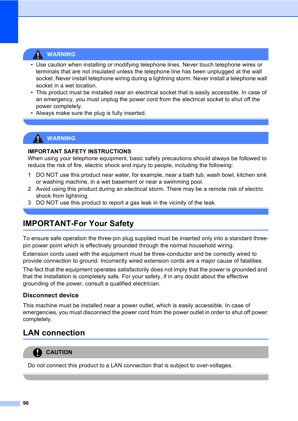 Important-for your safety, Disconnect device, Lan connection | Important-for your safety lan connection, Warning, Caution | Brother MFC-5860CN User Manual | Page 106 / 168