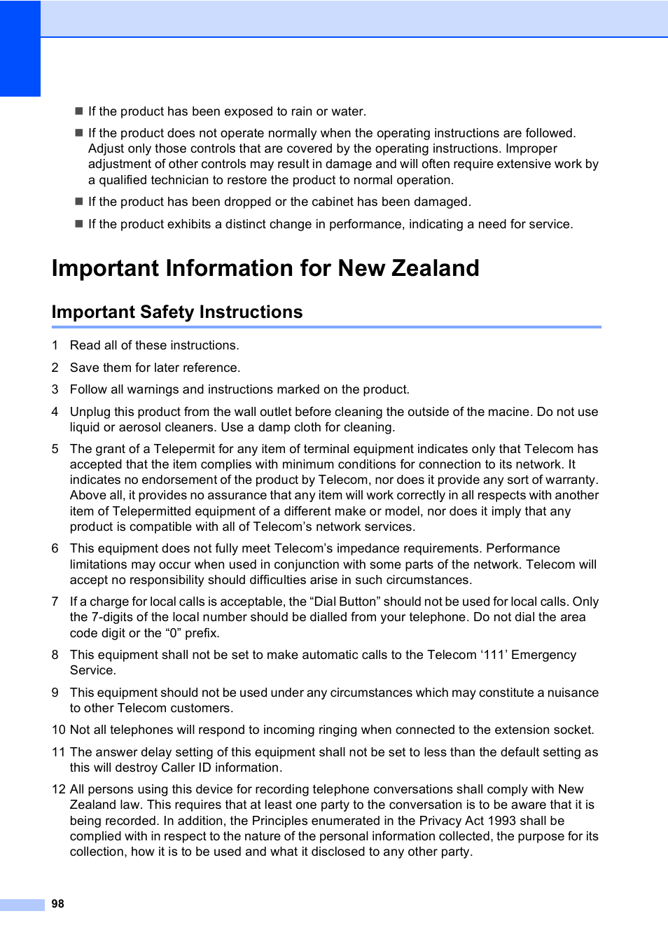 Important information for new zealand, Important safety instructions | Brother MFC-5860CN User Manual | Page 108 / 168