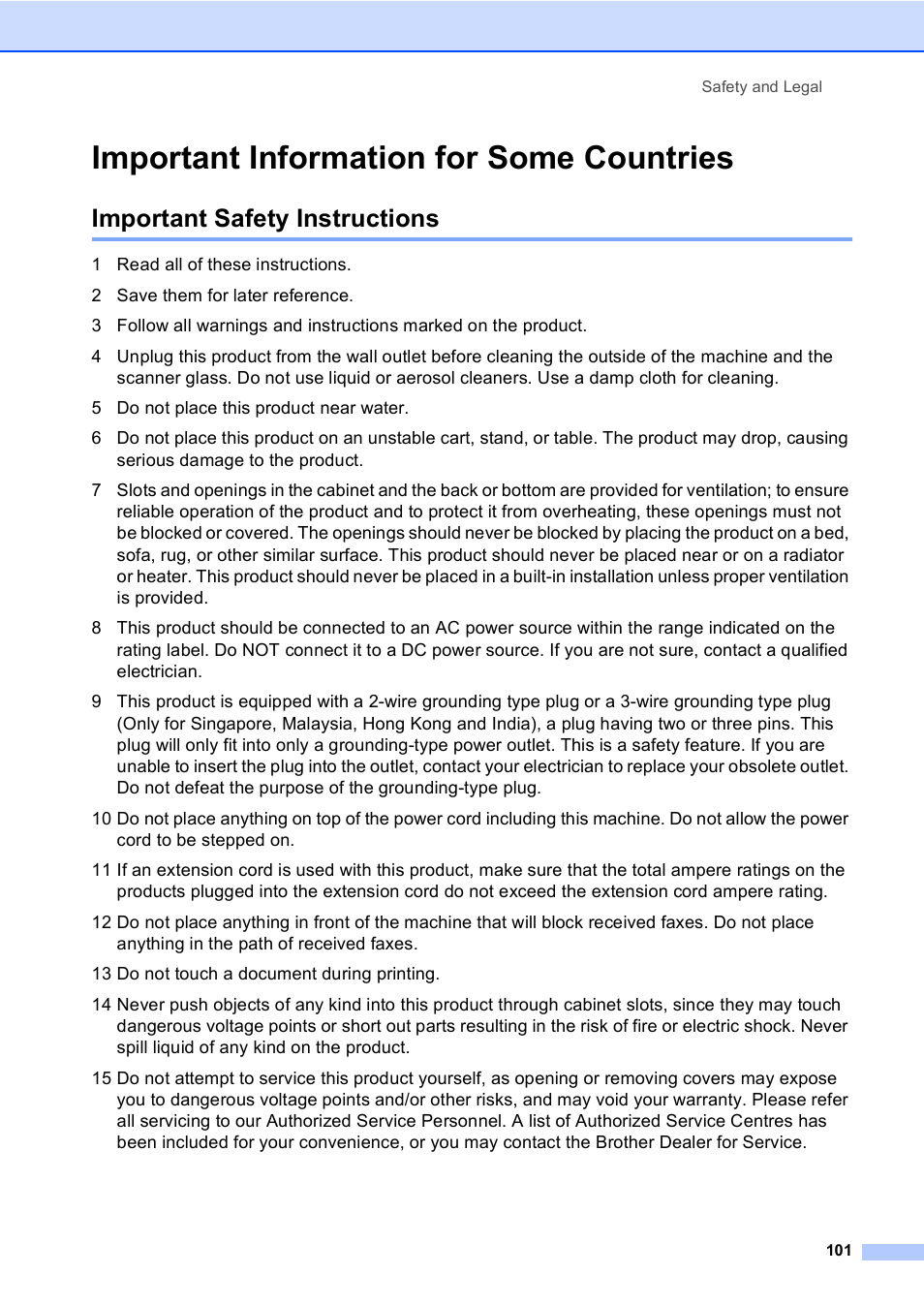 Important information for some countries, Important safety instructions | Brother MFC-5860CN User Manual | Page 111 / 168