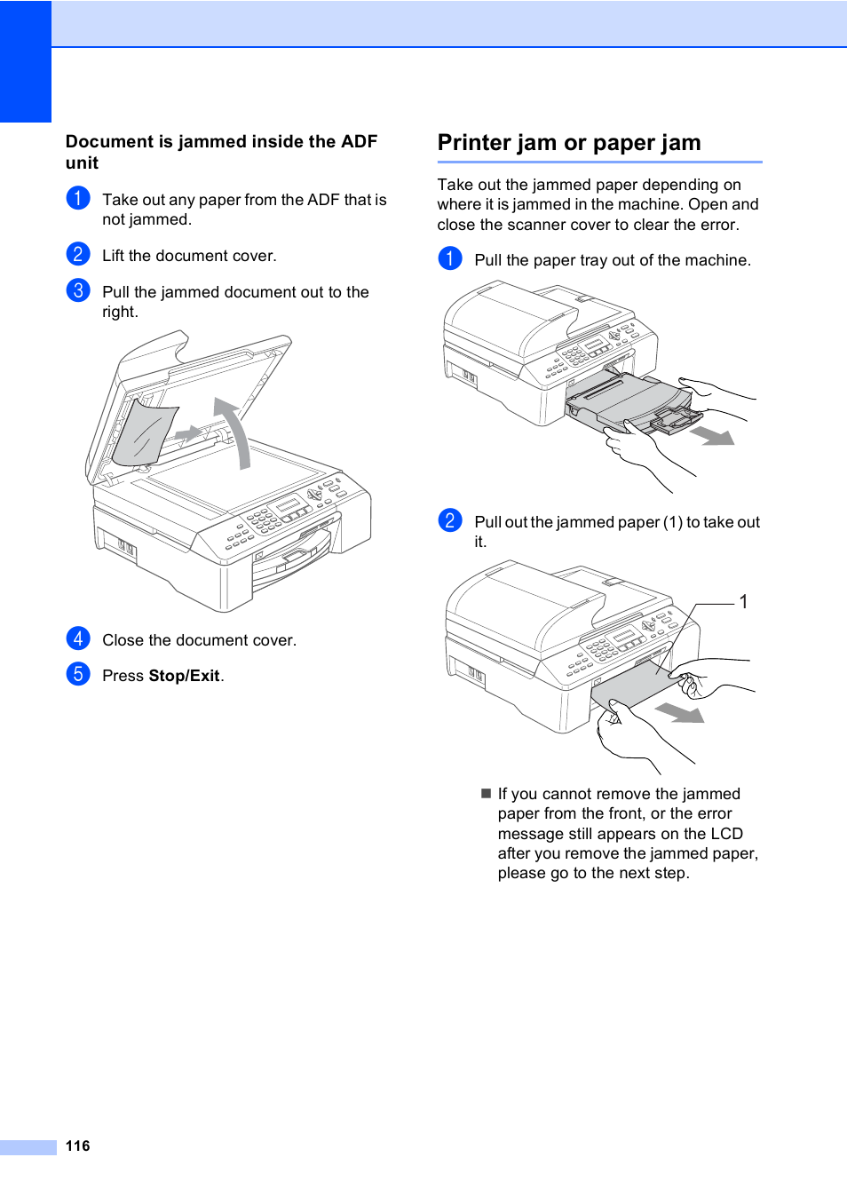 Document is jammed inside the adf unit, Printer jam or paper jam | Brother MFC-5860CN User Manual | Page 126 / 168