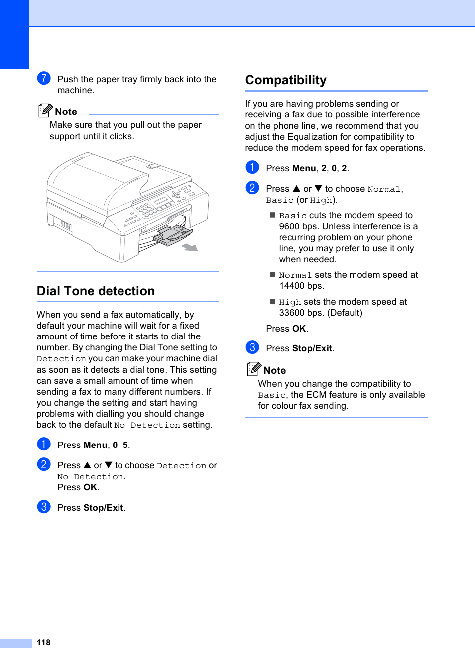 Dial tone detection, Compatibility, Dial tone detection compatibility | Brother MFC-5860CN User Manual | Page 128 / 168