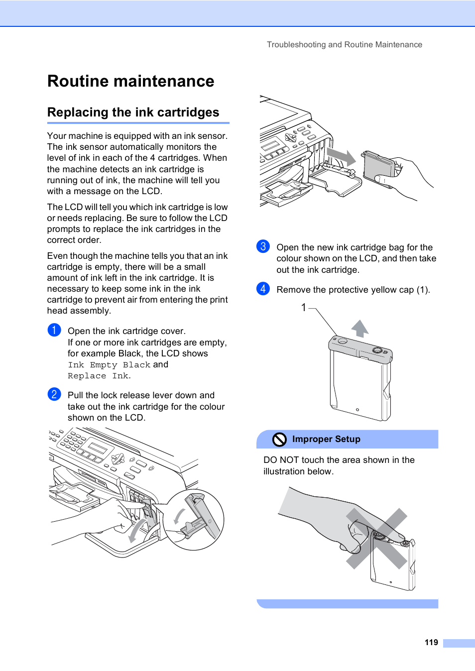 Routine maintenance, Replacing the ink cartridges | Brother MFC-5860CN User Manual | Page 129 / 168