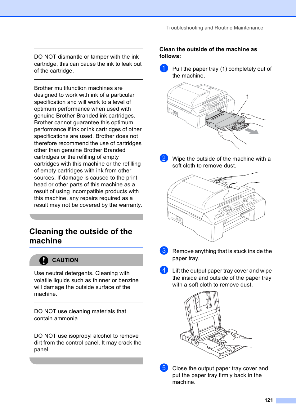 Cleaning the outside of the machine, Caution, Do not use cleaning materials that contain ammonia | Clean the outside of the machine as follows | Brother MFC-5860CN User Manual | Page 131 / 168