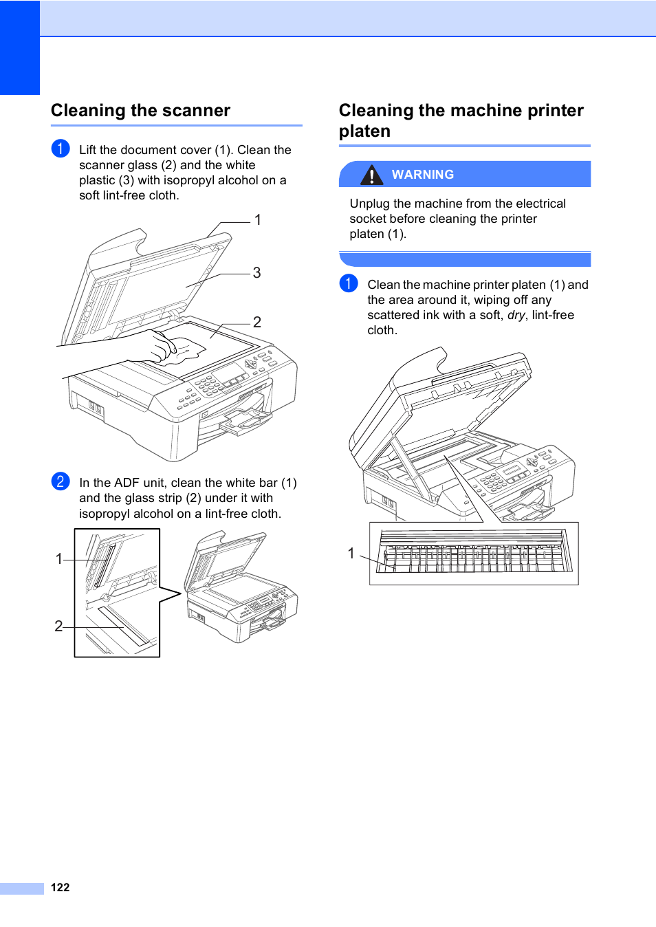 Cleaning the scanner, Cleaning the machine printer platen | Brother MFC-5860CN User Manual | Page 132 / 168