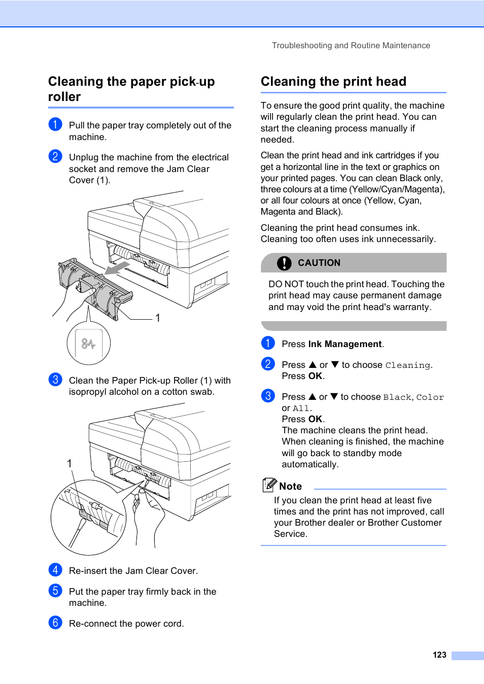 Cleaning the paper pick-up roller, Cleaning the print head, Cleaning the paper pick | Up roller | Brother MFC-5860CN User Manual | Page 133 / 168