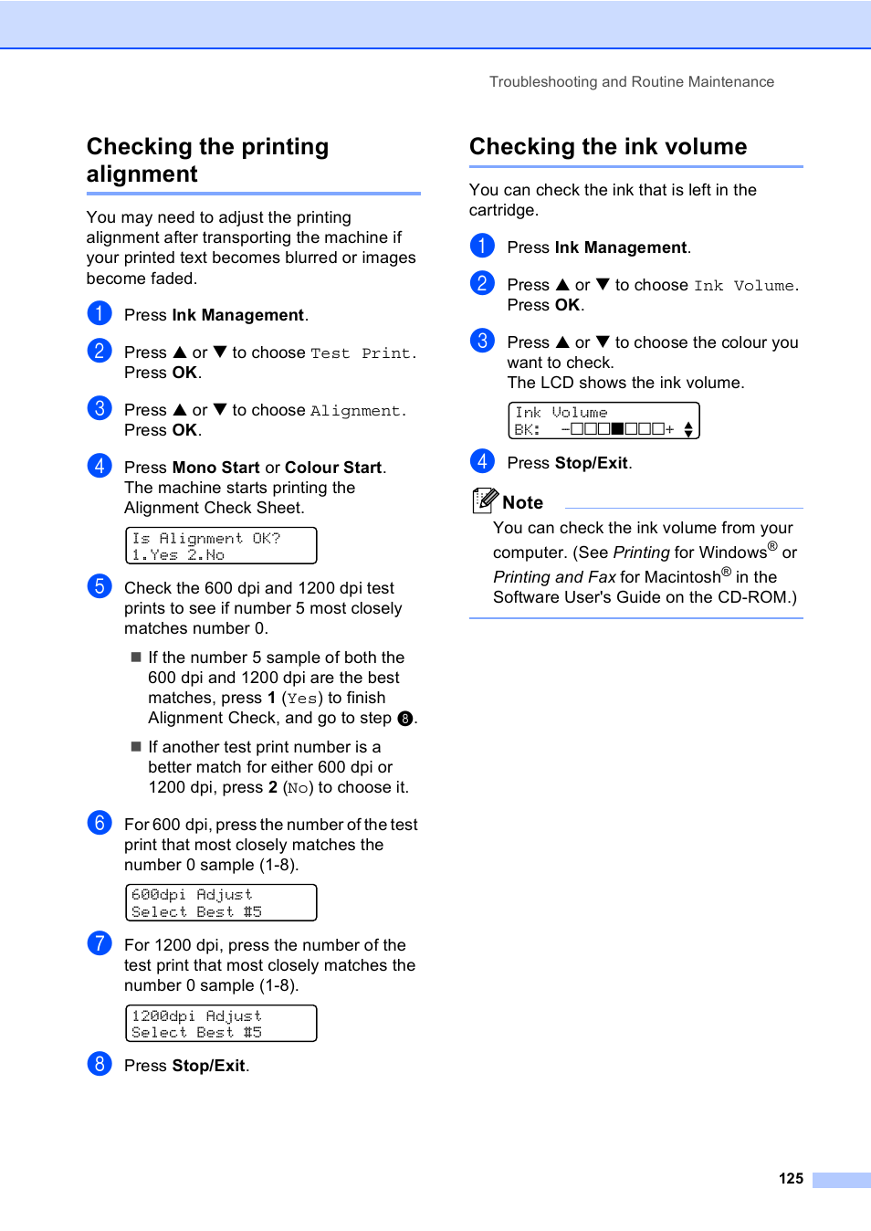 Checking the printing alignment, Checking the ink volume | Brother MFC-5860CN User Manual | Page 135 / 168