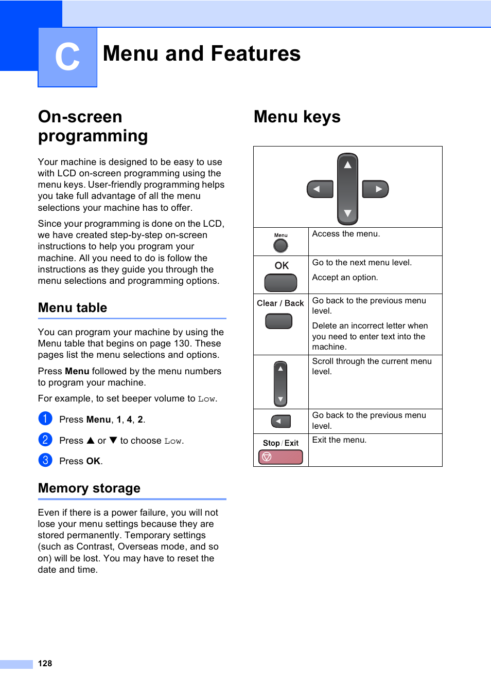 C menu and features, On-screen programming, Menu table | Memory storage, Menu keys, Menu and features, Menu table memory storage | Brother MFC-5860CN User Manual | Page 138 / 168