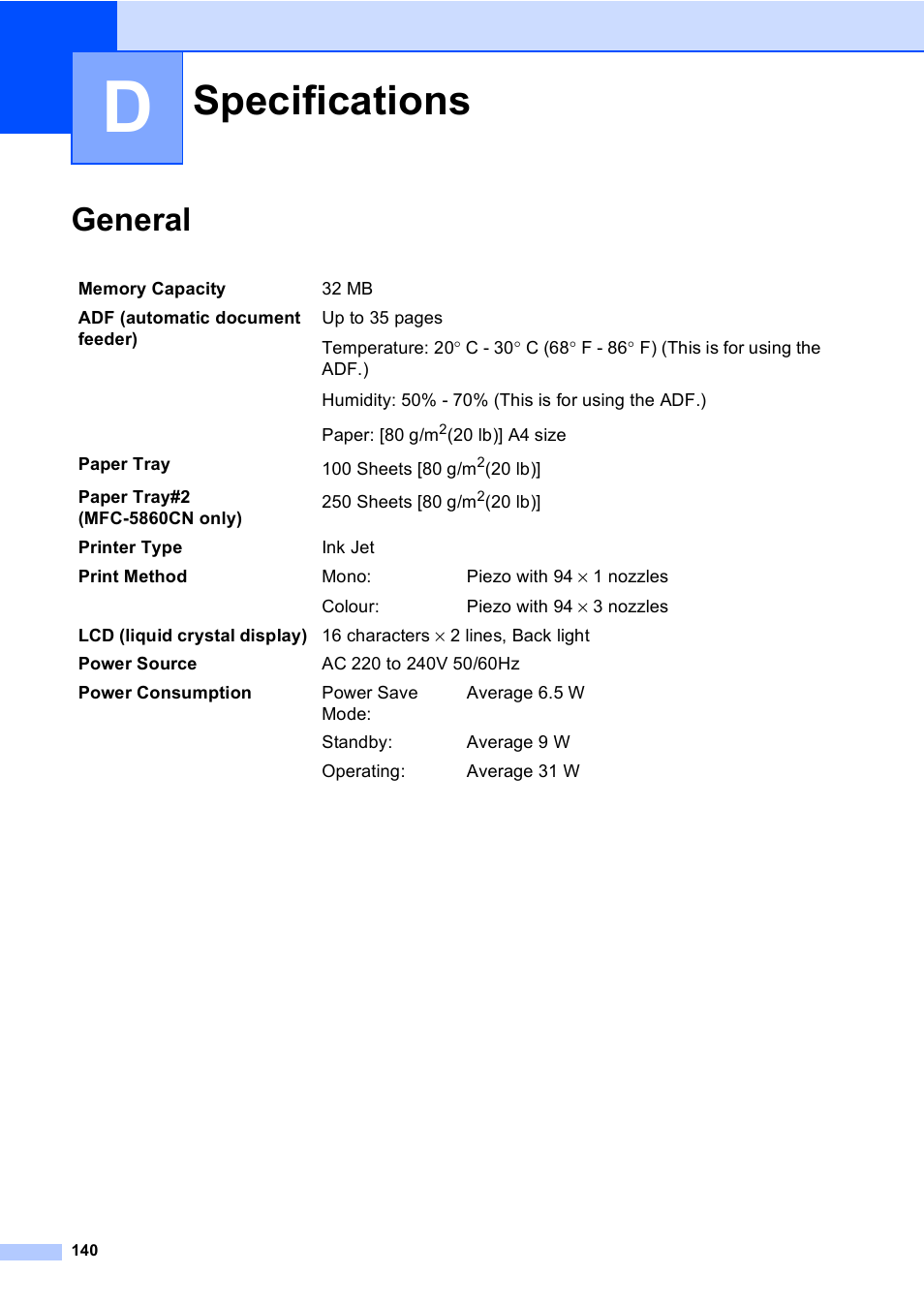 D specifications, General, Specifications | Brother MFC-5860CN User Manual | Page 150 / 168