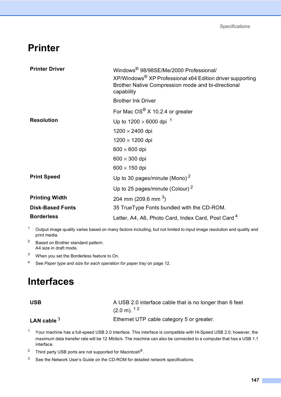 Printer, Interfaces, Printer interfaces | Brother MFC-5860CN User Manual | Page 157 / 168