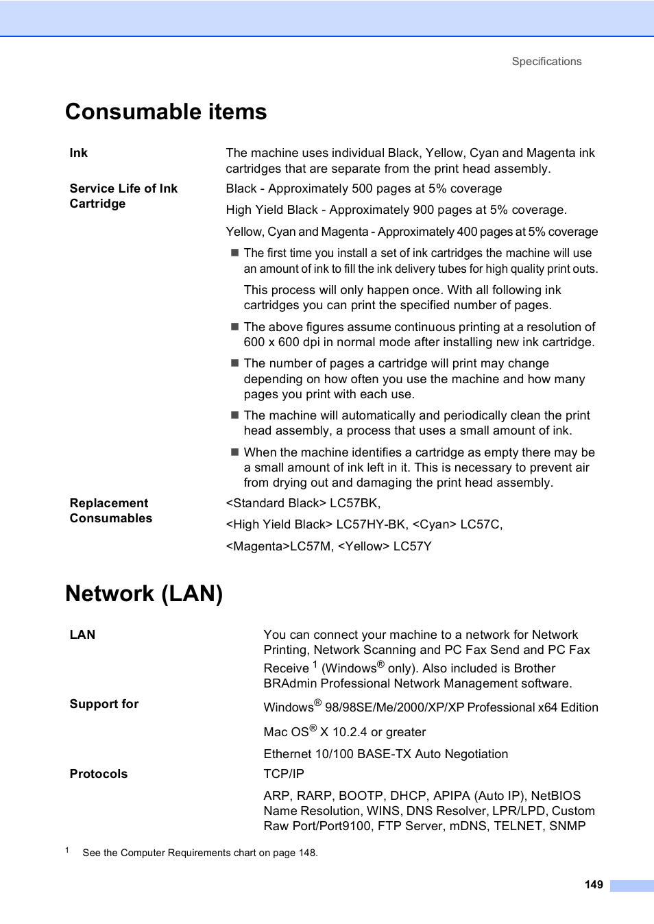 Consumable items, Network (lan), Consumable items network (lan) | Brother MFC-5860CN User Manual | Page 159 / 168