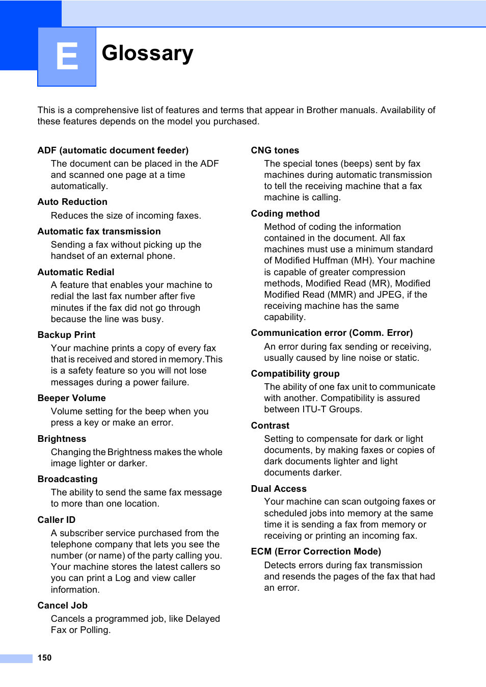 E glossary, Glossary | Brother MFC-5860CN User Manual | Page 160 / 168