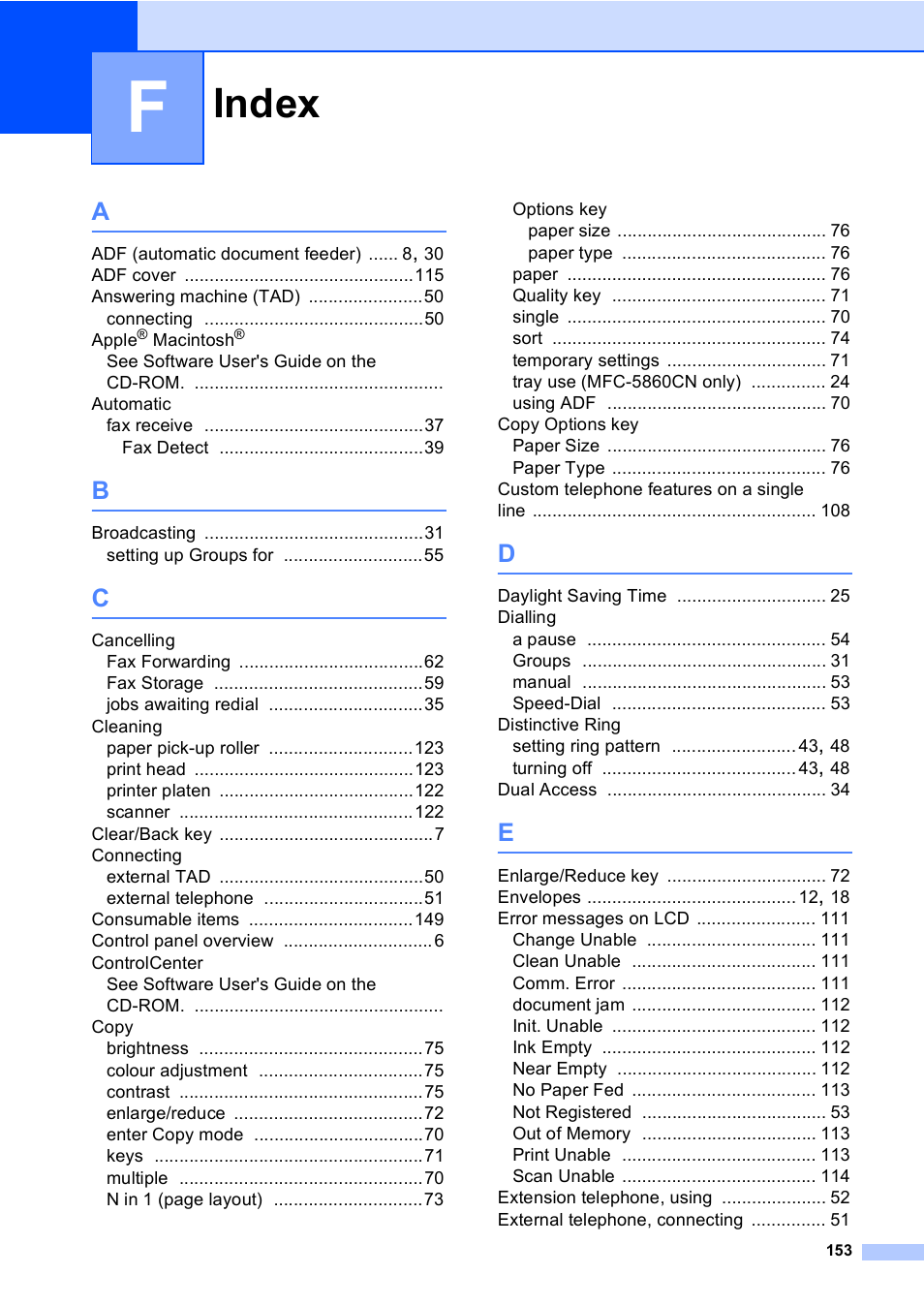 F index, Index | Brother MFC-5860CN User Manual | Page 163 / 168