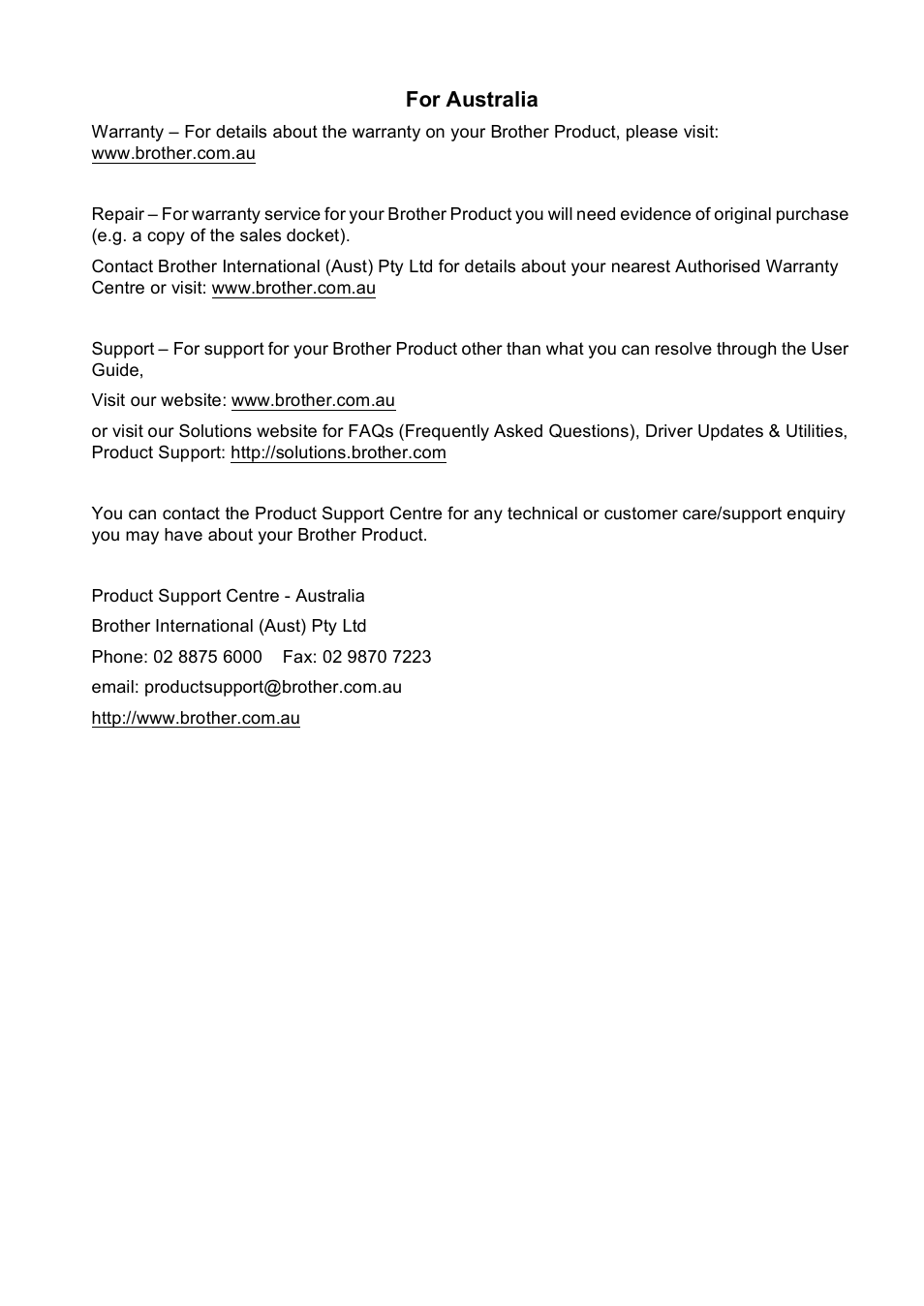 For australia | Brother MFC-5860CN User Manual | Page 167 / 168