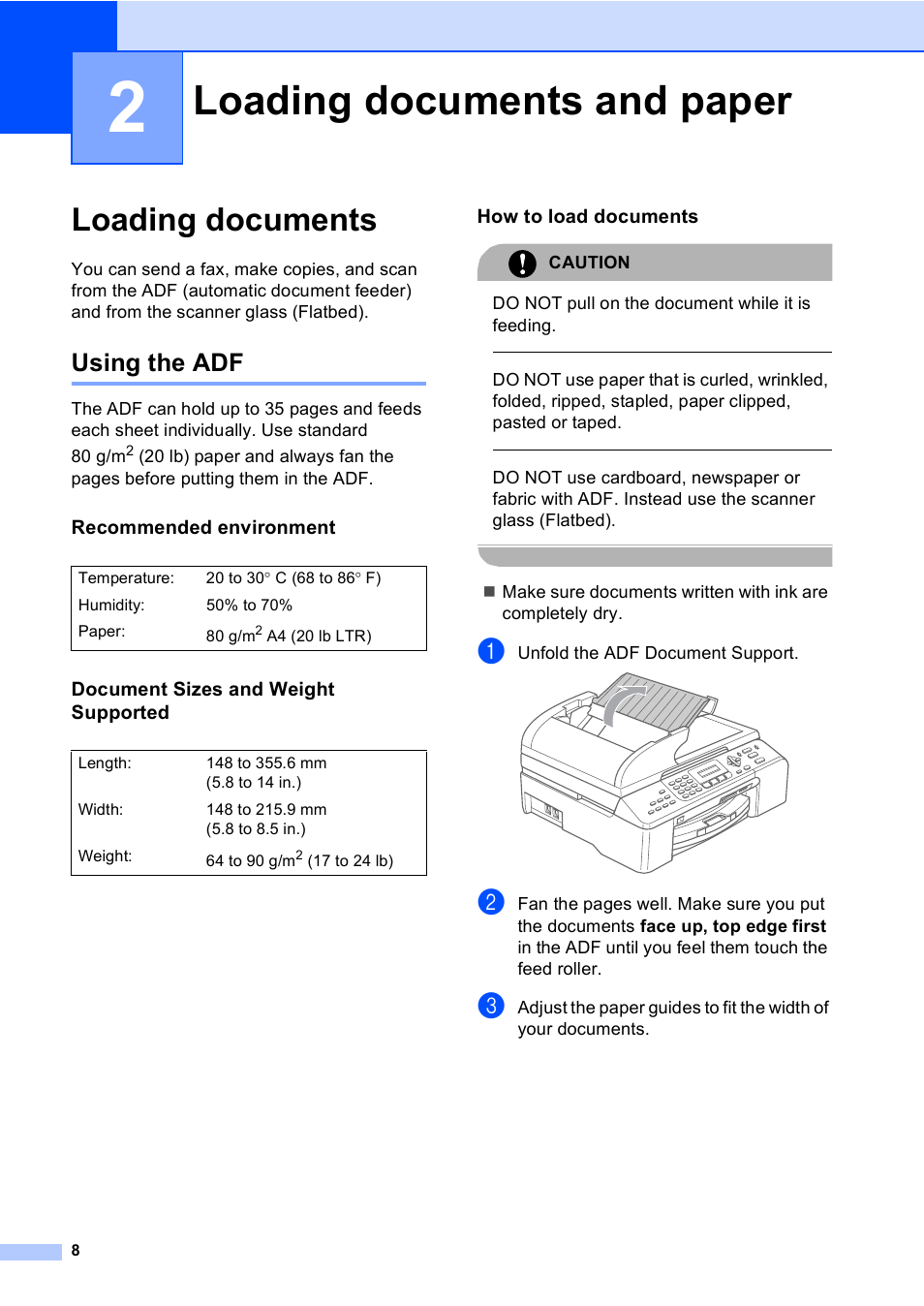 2 loading documents and paper, Loading documents, Using the adf | Recommended environment, Document sizes and weight supported, How to load documents, Loading documents and paper | Brother MFC-5860CN User Manual | Page 18 / 168