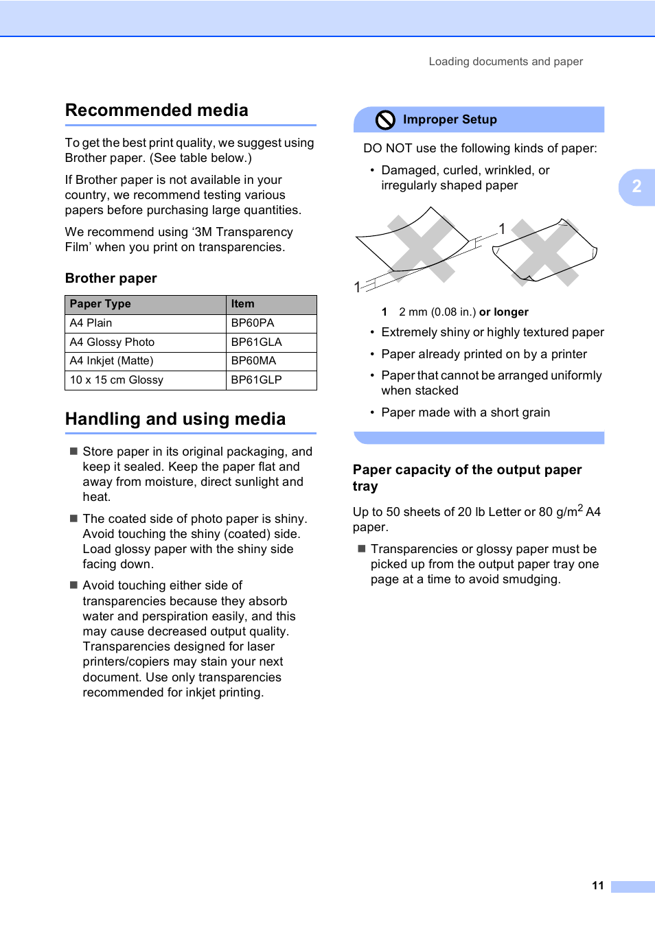 Recommended media, Handling and using media, Paper capacity of the output paper tray | Recommended media handling and using media, 2recommended media | Brother MFC-5860CN User Manual | Page 21 / 168