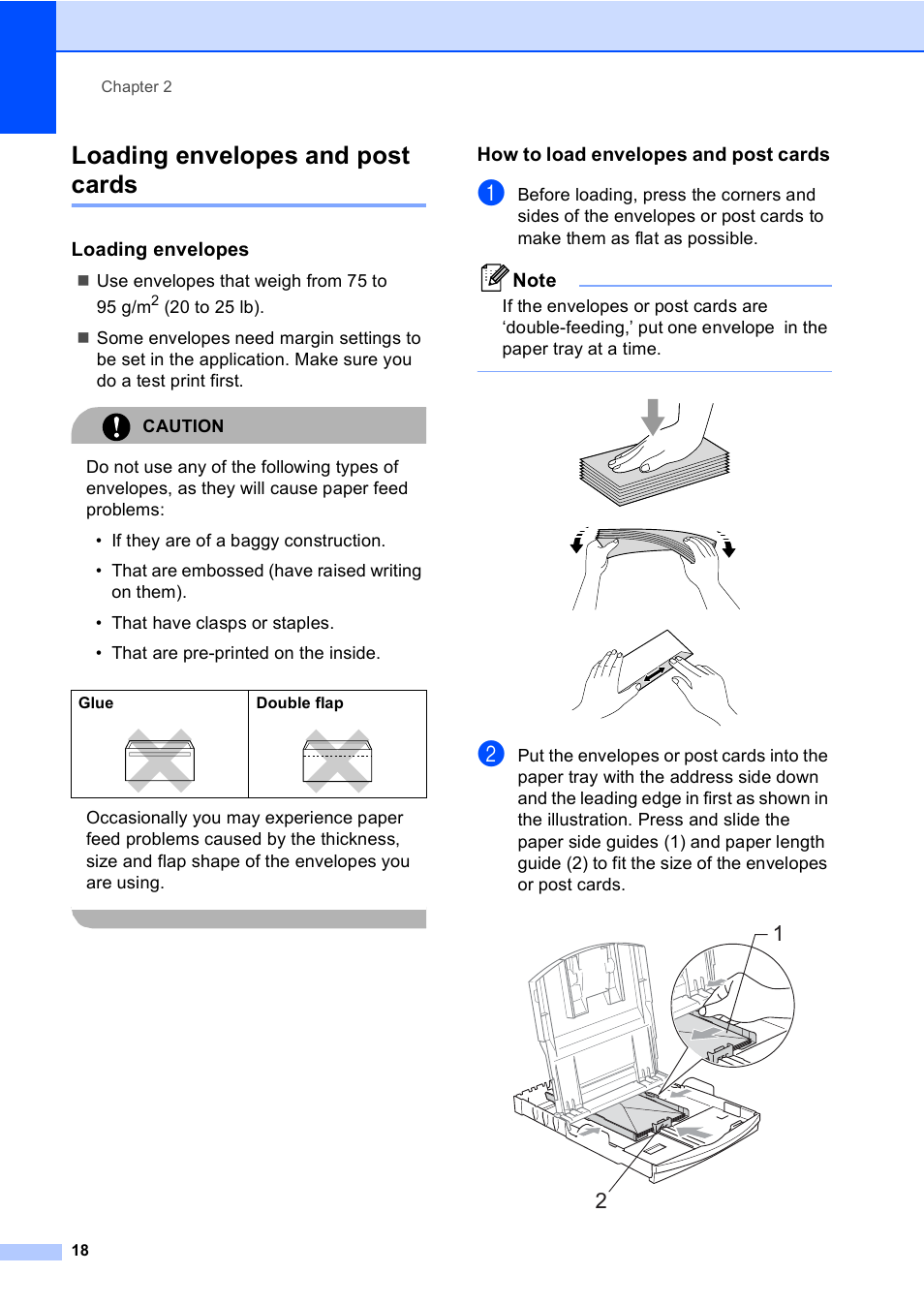 Loading envelopes and post cards, Loading envelopes, How to load envelopes and post cards | Use envelopes that weigh from 75 to 95 g/m | Brother MFC-5860CN User Manual | Page 28 / 168