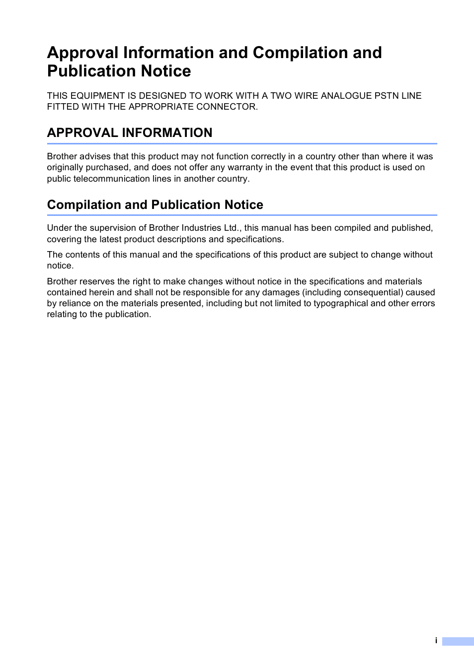Approval information, Compilation and publication notice | Brother MFC-5860CN User Manual | Page 3 / 168