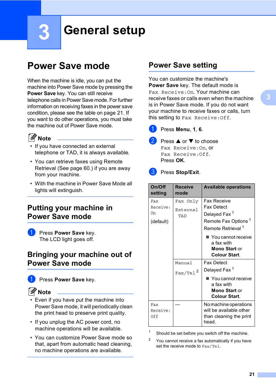 3 general setup, Power save mode, Putting your machine in power save mode | Bringing your machine out of power save mode, Power save setting, General setup | Brother MFC-5860CN User Manual | Page 31 / 168