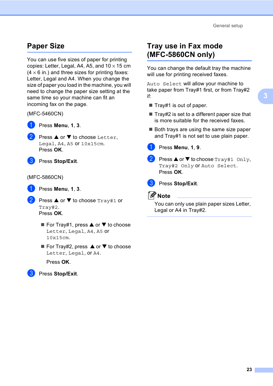 Paper size, Tray use in fax mode (mfc-5860cn only), Paper size tray use in fax mode (mfc-5860cn only) | 3paper size | Brother MFC-5860CN User Manual | Page 33 / 168