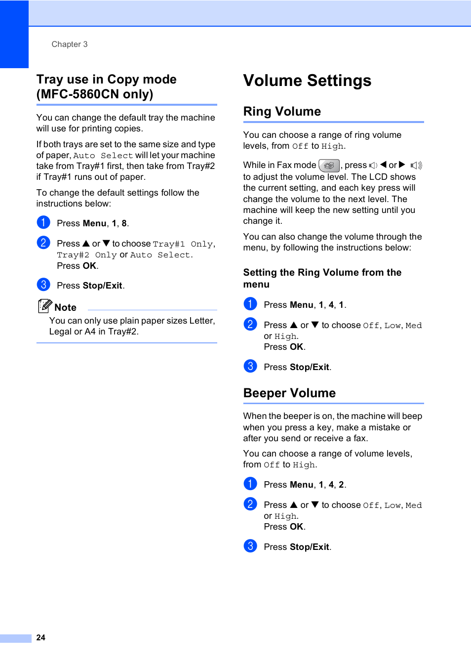 Tray use in copy mode (mfc-5860cn only), Volume settings, Ring volume | Setting the ring volume from the menu, Beeper volume, Ring volume beeper volume | Brother MFC-5860CN User Manual | Page 34 / 168