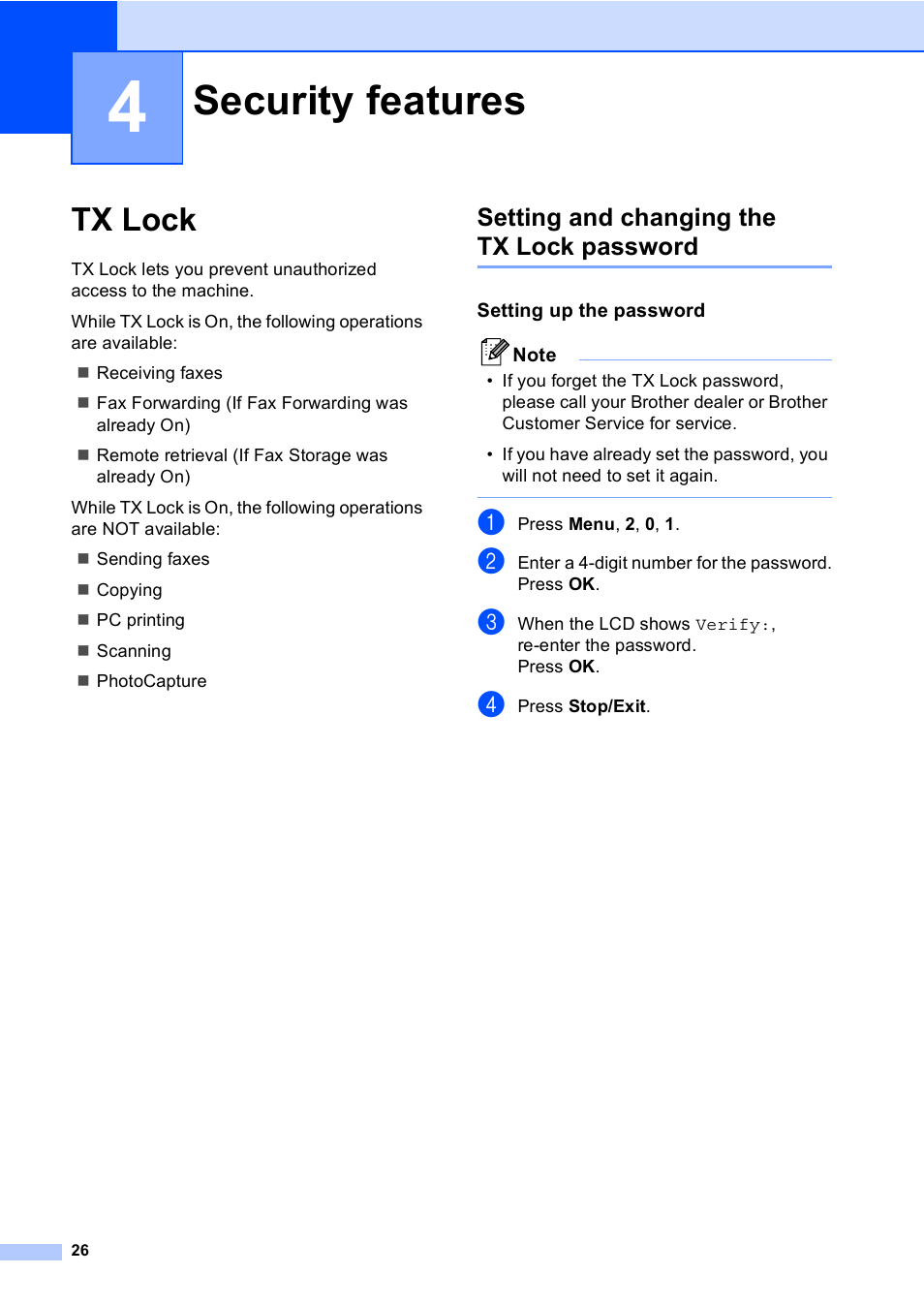 4 security features, Tx lock, Setting and changing the tx lock password | Setting up the password, Security features | Brother MFC-5860CN User Manual | Page 36 / 168