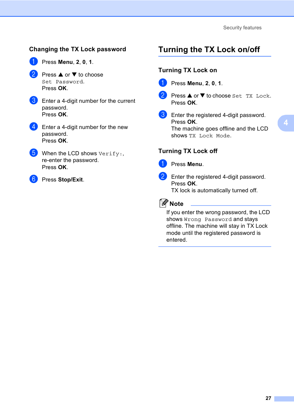 Changing the tx lock password, Turning the tx lock on/off, Turning tx lock on | Turning tx lock off | Brother MFC-5860CN User Manual | Page 37 / 168