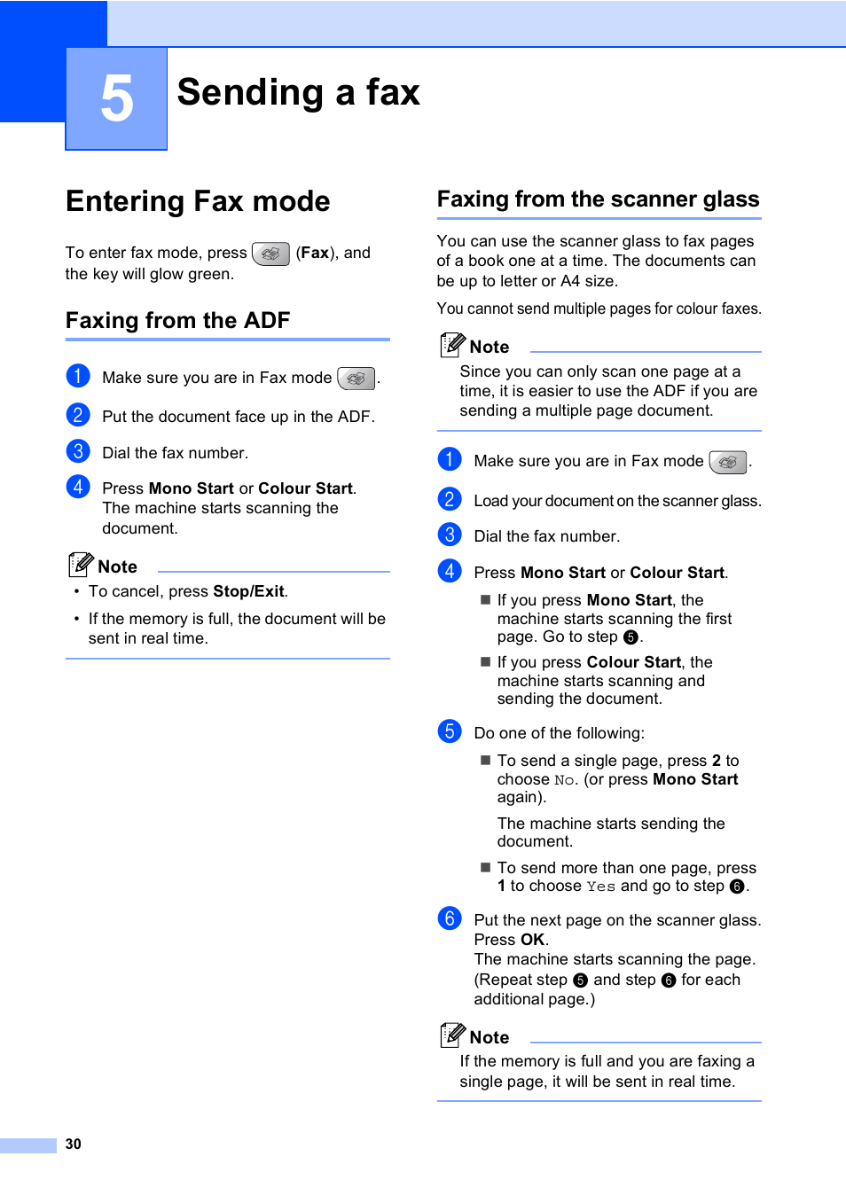 5 sending a fax, Entering fax mode, Faxing from the adf | Faxing from the scanner glass, Sending a fax, Faxing from the adf faxing from the scanner glass | Brother MFC-5860CN User Manual | Page 40 / 168