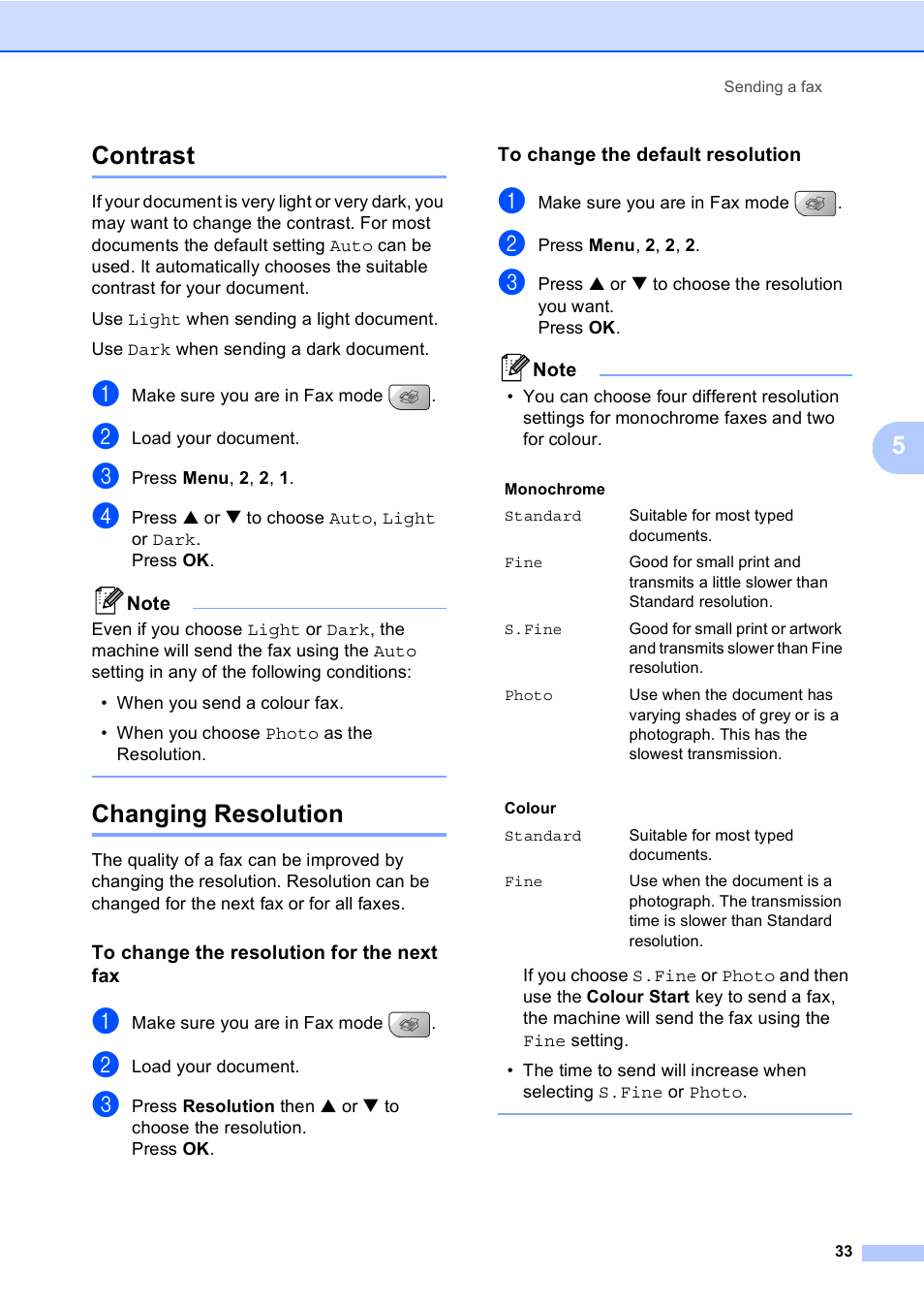 Contrast, Changing resolution, To change the resolution for the next fax | To change the default resolution, Contrast changing resolution, 5contrast | Brother MFC-5860CN User Manual | Page 43 / 168