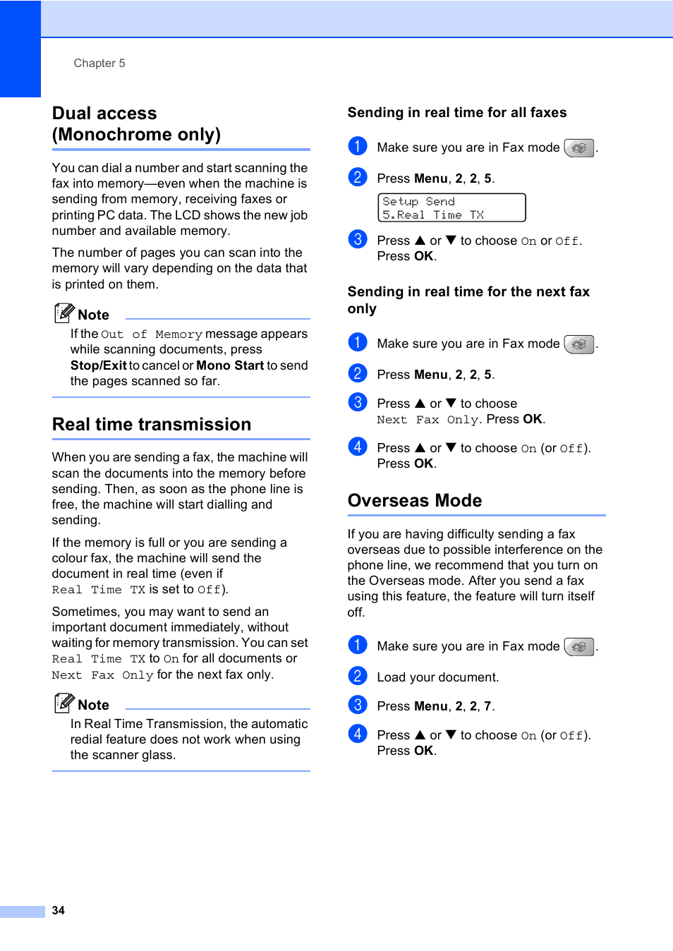 Dual access (monochrome only), Real time transmission, Sending in real time for all faxes | Sending in real time for the next fax only, Overseas mode | Brother MFC-5860CN User Manual | Page 44 / 168