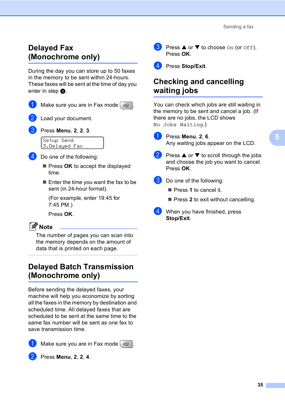 Delayed fax (monochrome only), Delayed batch transmission (monochrome only), Checking and cancelling waiting jobs | 5delayed fax (monochrome only) | Brother MFC-5860CN User Manual | Page 45 / 168