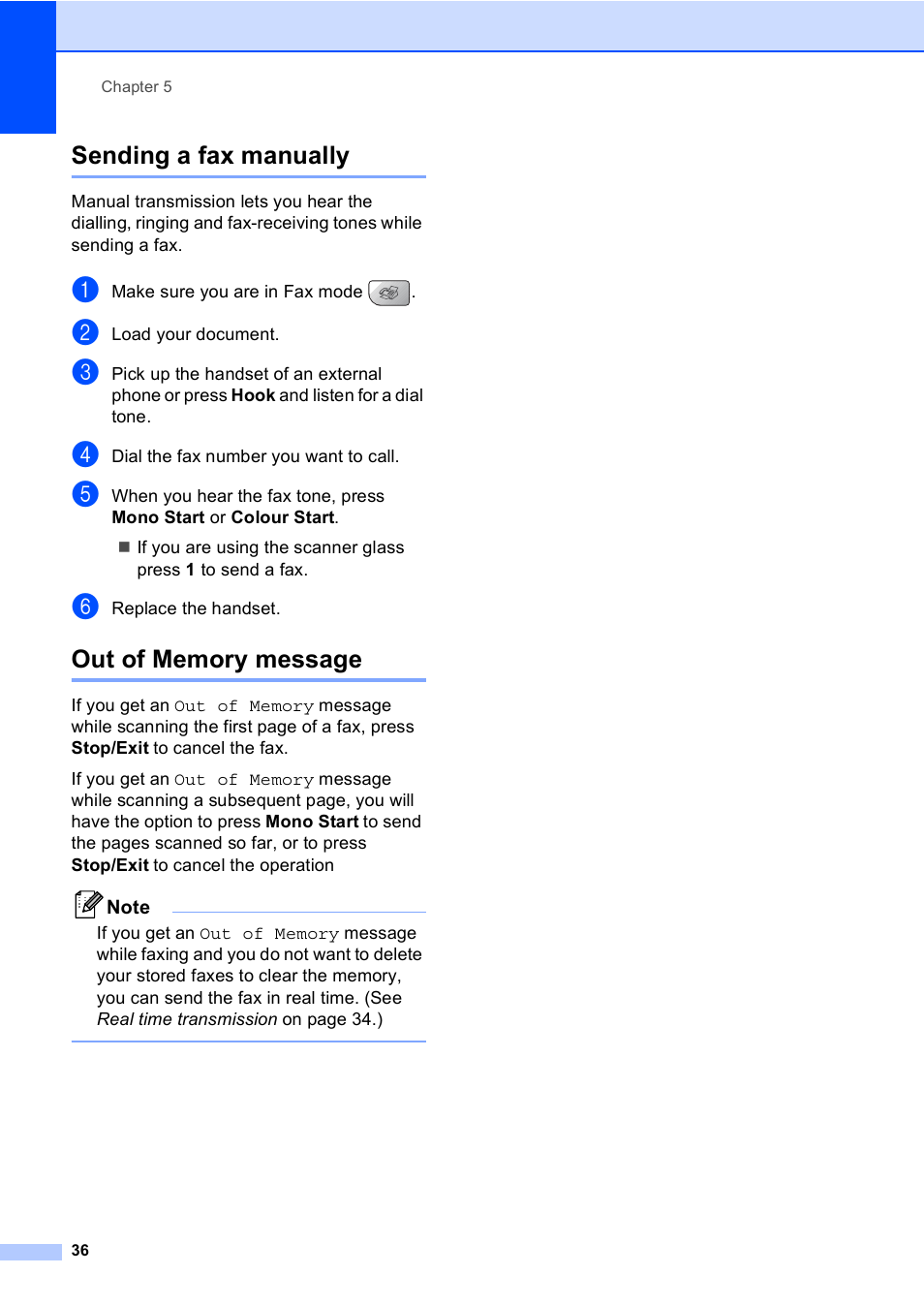 Sending a fax manually, Out of memory message, Sending a fax manually out of memory message | Brother MFC-5860CN User Manual | Page 46 / 168