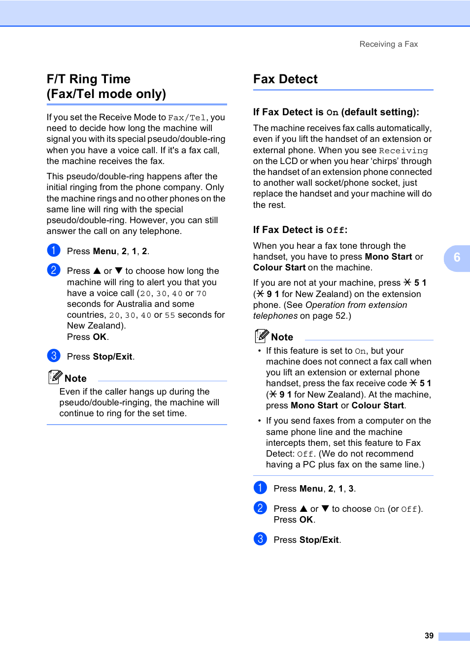F/t ring time (fax/tel mode only), Fax detect, If fax detect is on (default setting) | If fax detect is off, F/t ring time (fax/tel mode only) fax detect, 6f/t ring time (fax/tel mode only) | Brother MFC-5860CN User Manual | Page 49 / 168