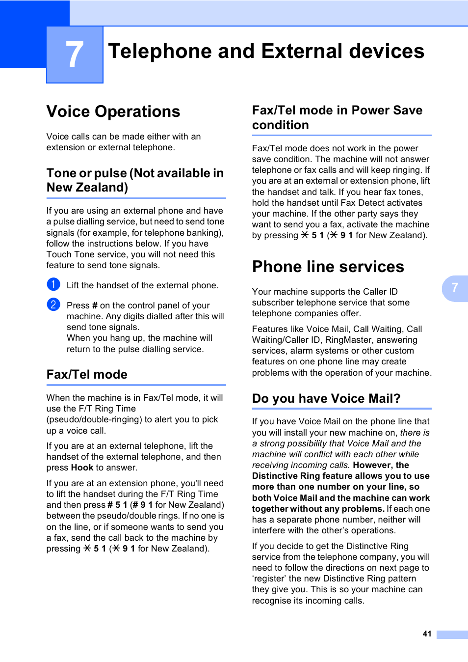 7 telephone and external devices, Voice operations, Tone or pulse (not available in new zealand) | Fax/tel mode, Fax/tel mode in power save condition, Phone line services, Do you have voice mail, Telephone and external devices | Brother MFC-5860CN User Manual | Page 51 / 168