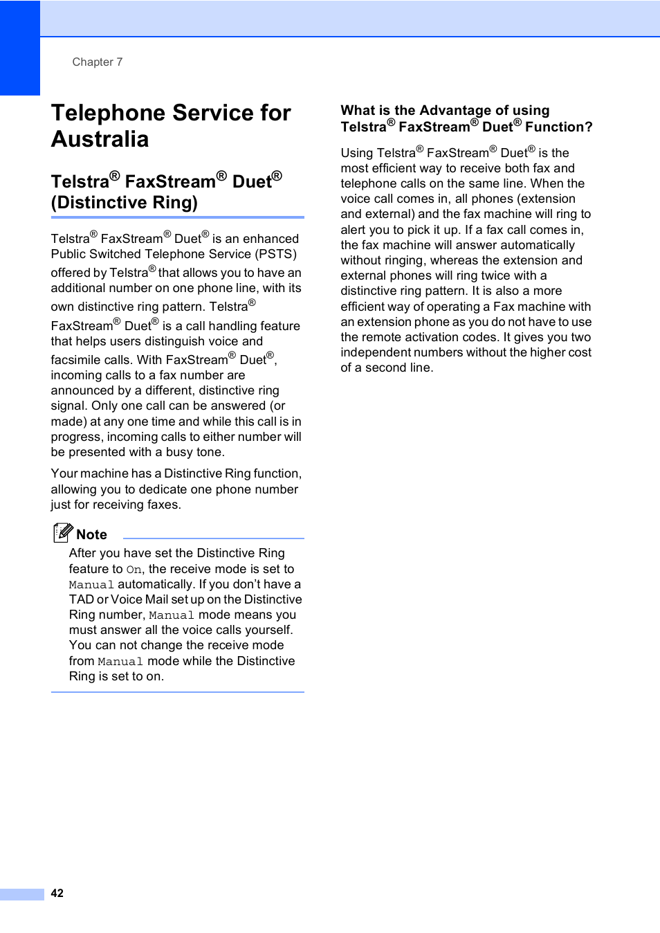 Telephone service for australia, Telstra® faxstream® duet® (distinctive ring), Telstra | Faxstream, Duet, Distinctive ring) | Brother MFC-5860CN User Manual | Page 52 / 168