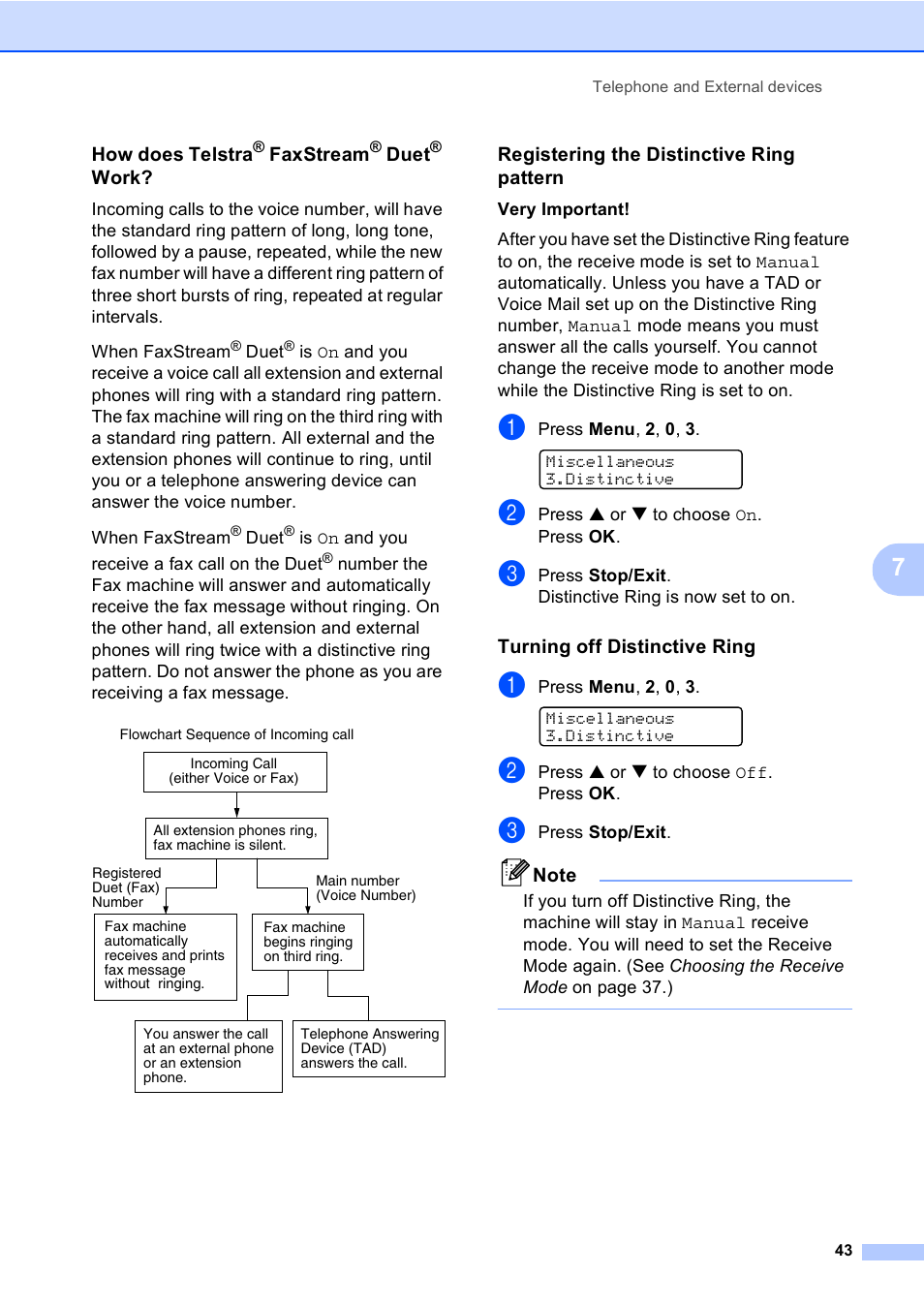 How does telstra® faxstream® duet® work, Registering the distinctive ring pattern, Turning off distinctive ring | Brother MFC-5860CN User Manual | Page 53 / 168