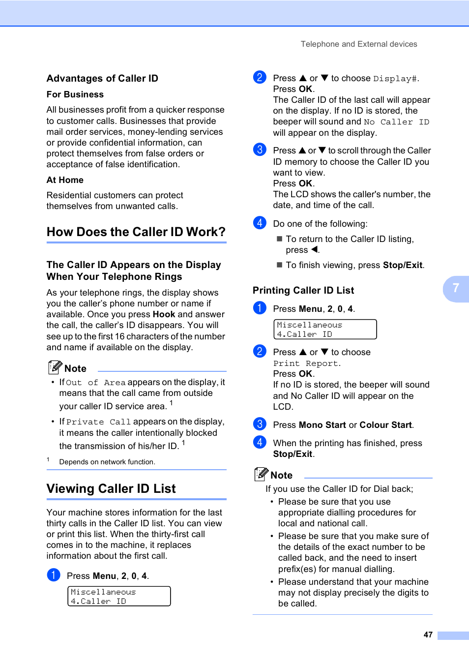 Advantages of caller id, How does the caller id work, Viewing caller id list | Printing caller id list | Brother MFC-5860CN User Manual | Page 57 / 168