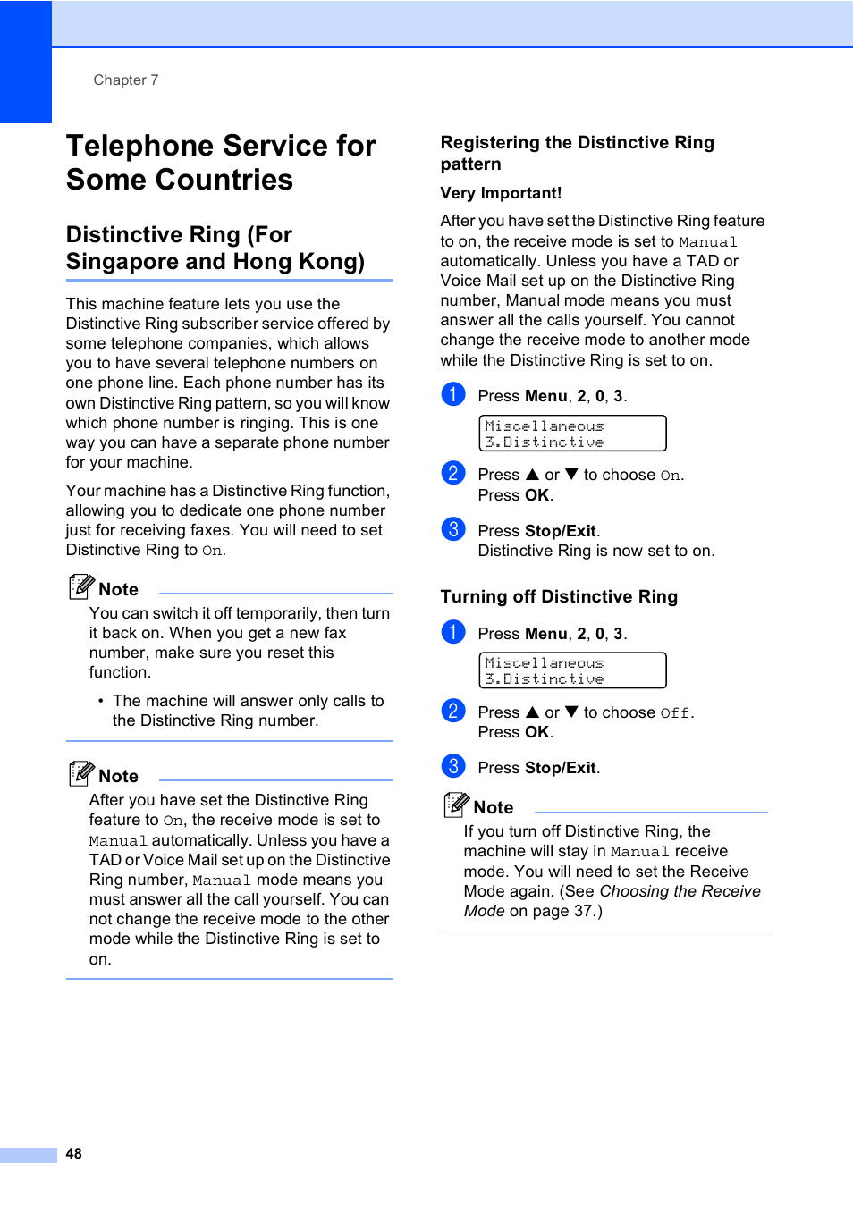 Telephone service for some countries, Distinctive ring (for singapore and hong kong), Registering the distinctive ring pattern | Turning off distinctive ring | Brother MFC-5860CN User Manual | Page 58 / 168