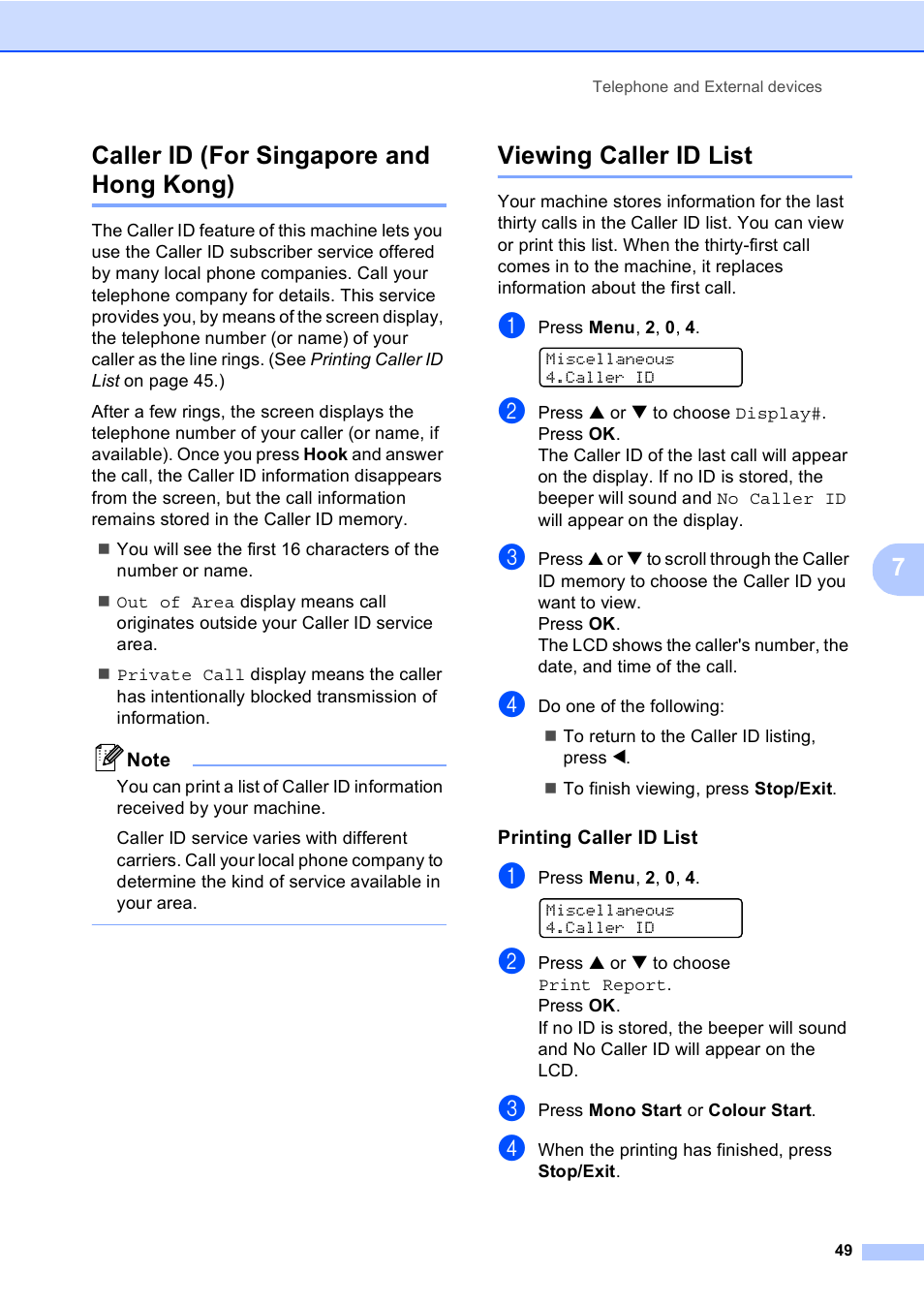 Caller id (for singapore and hong kong), Viewing caller id list, Printing caller id list | 7caller id (for singapore and hong kong) | Brother MFC-5860CN User Manual | Page 59 / 168