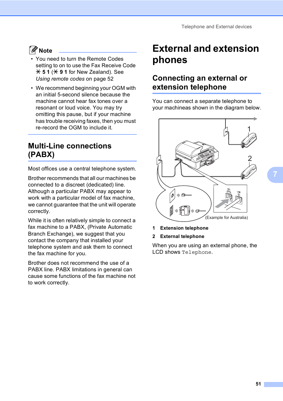 Multi-line connections (pabx), External and extension phones, Connecting an external or extension telephone | Brother MFC-5860CN User Manual | Page 61 / 168